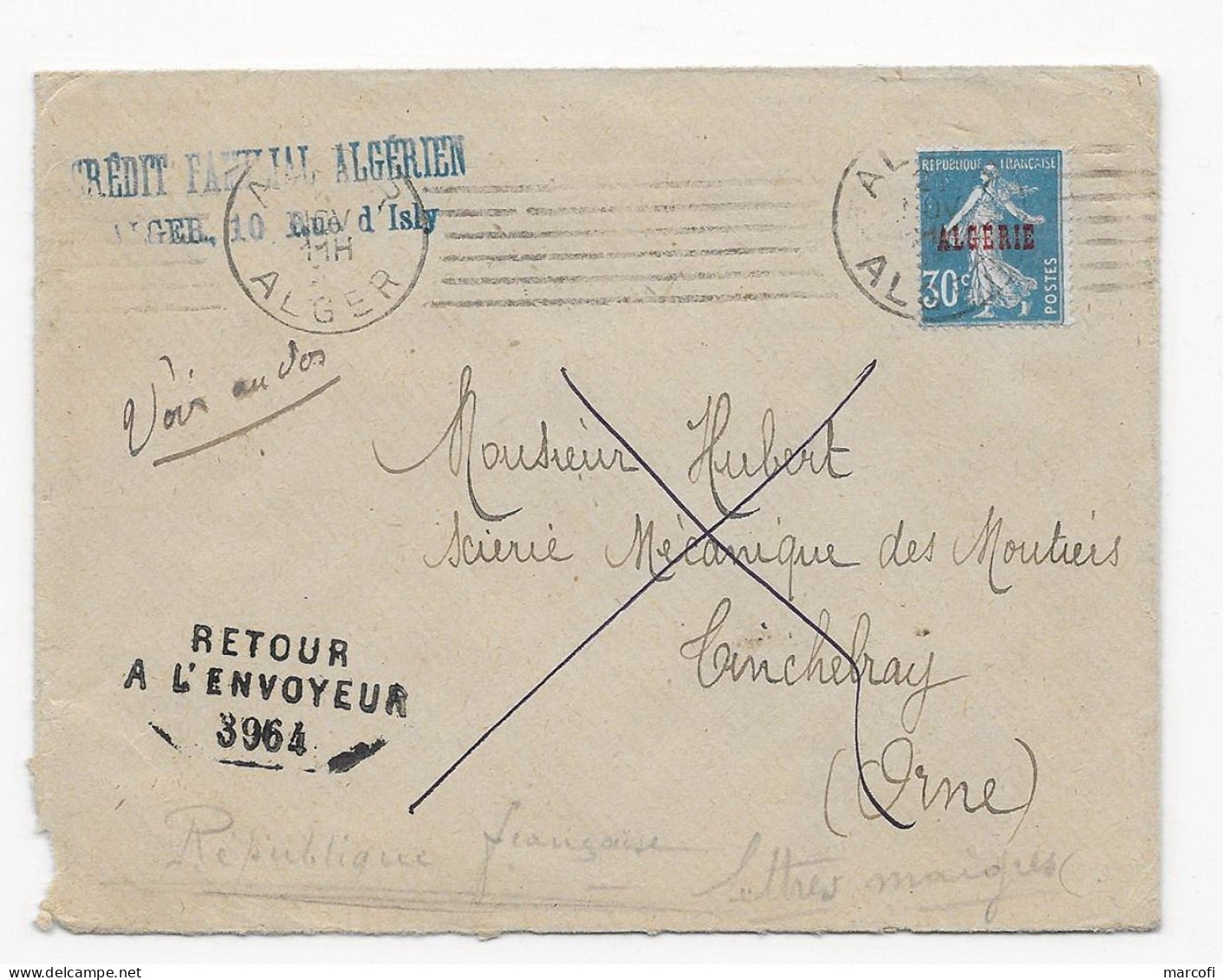 Alg12 Lettre Algérie N°17 (Semeuse Surchargée Empatée) Obl Alger Méca + Retour (1925) - Briefe U. Dokumente