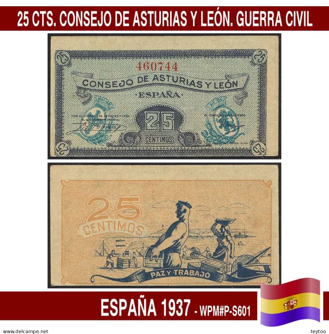 C1259.1# España 1937. 25 Cts. Consejo De Asturias Y León (XF) WPM#P-S601 - 1-2 Pesetas