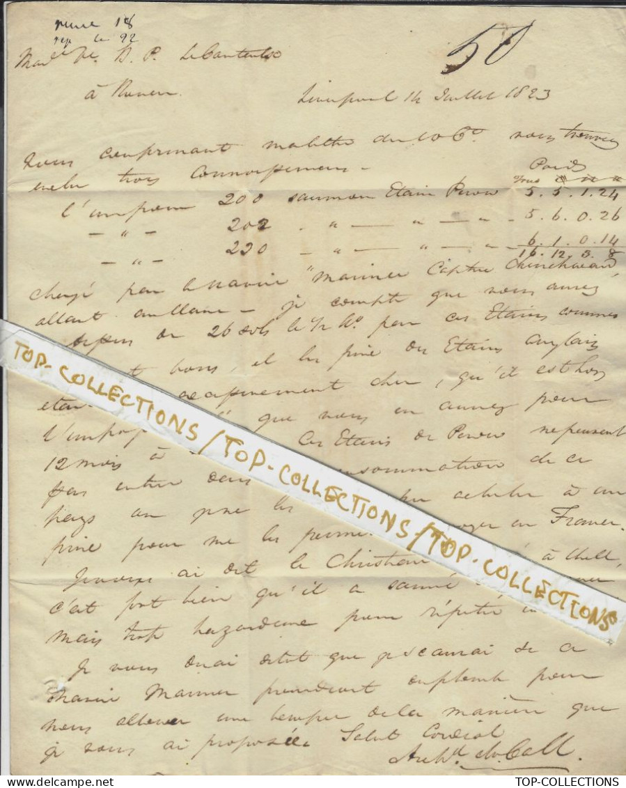 NEGOCE BANQUE FINANCE 1823 De Liverpool Archibald M’c Call =>Rouen Vve Le Couteulx M.P. LIVERPOOL 1 61 CALAIS ANGLETERRE - 1800 – 1899