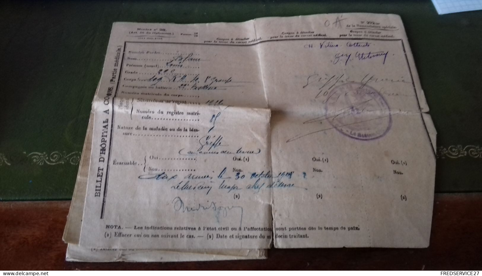 156 / BILLET D HOPITAL A COUPONS 1916 109EME REGIMENT D ARTILLERIE BLANC MARCEL BRETEUIL EURE - 1914-18