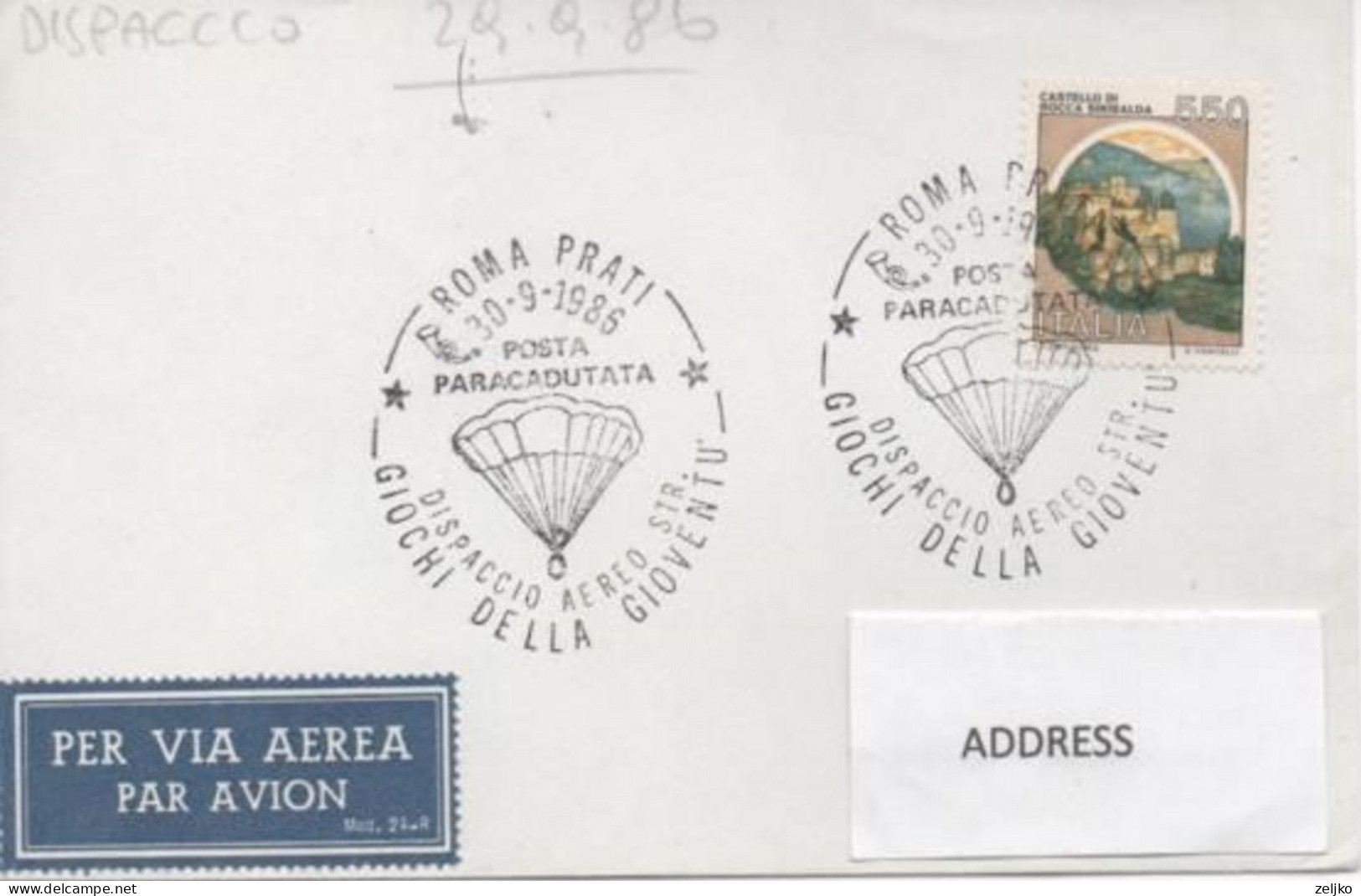 Italy, Parachuting, Mailed By Parachute - Paracadutismo