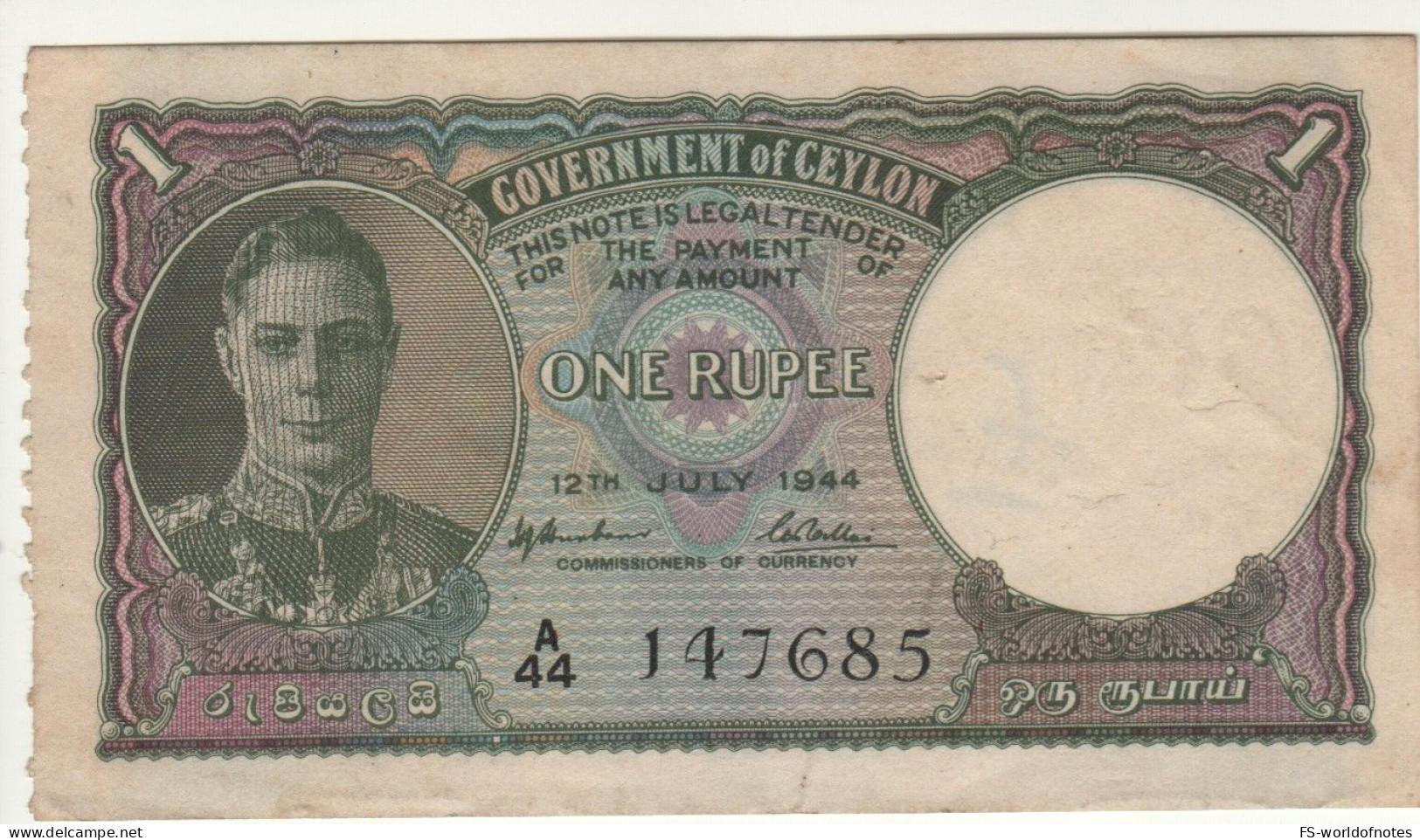 CEYLON  1 Rupee    P34   Dated 12th July 1944     (King George VI  +  Elephant At Back) - Sri Lanka