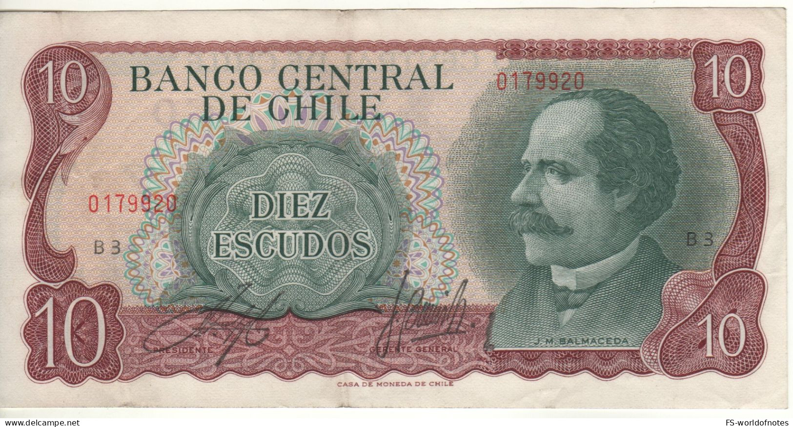 CHILE   10  Escudos ,   P142A   ( ND   José Manuel Balmaceda + Painting At Back ) - Chili