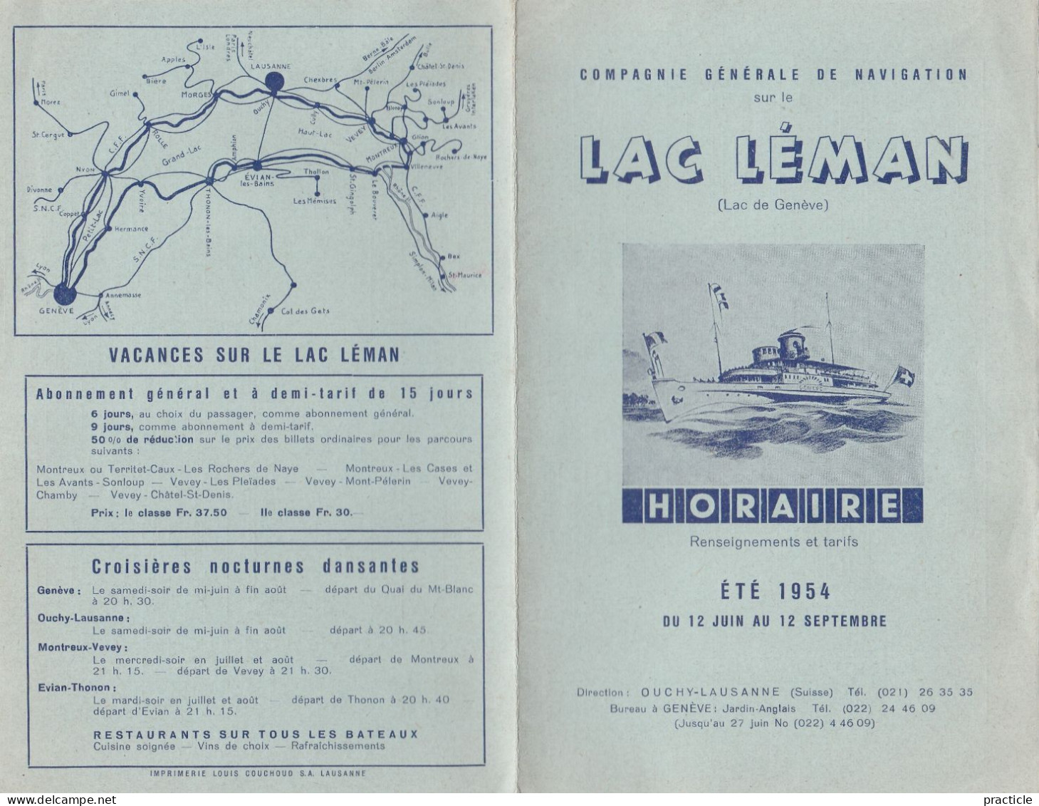2699 Compagnie Generale De Navigation Sur Le Lac Leman Horaire Ete 1954 Suisse Geneve Ouchy Lausanne - Europa