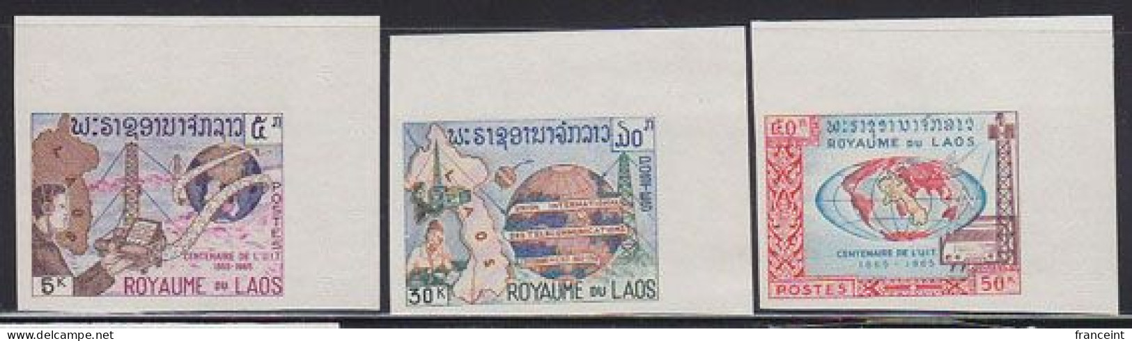 LAOS(1965) ITU Centenary. Set Of 3 Corner Imperforates. Scott Nos 109-11, Yvert Nos 114-6. - Laos