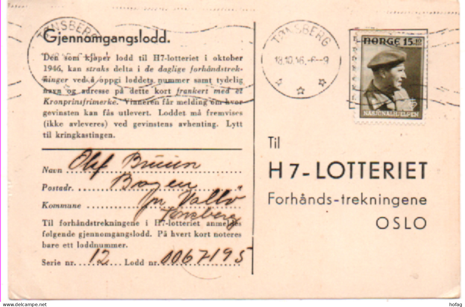 Norwegen 1946 MiNr: 311 Postkarte H7 Lotteriet Gestempelt; Norway Postcard Used - Covers & Documents