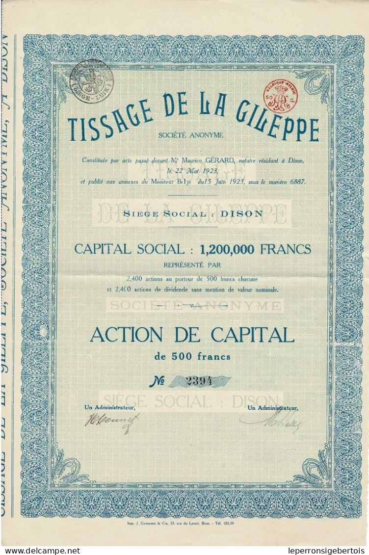 -Titre De 1923 - Tissage De La Gileppe - - Textiel