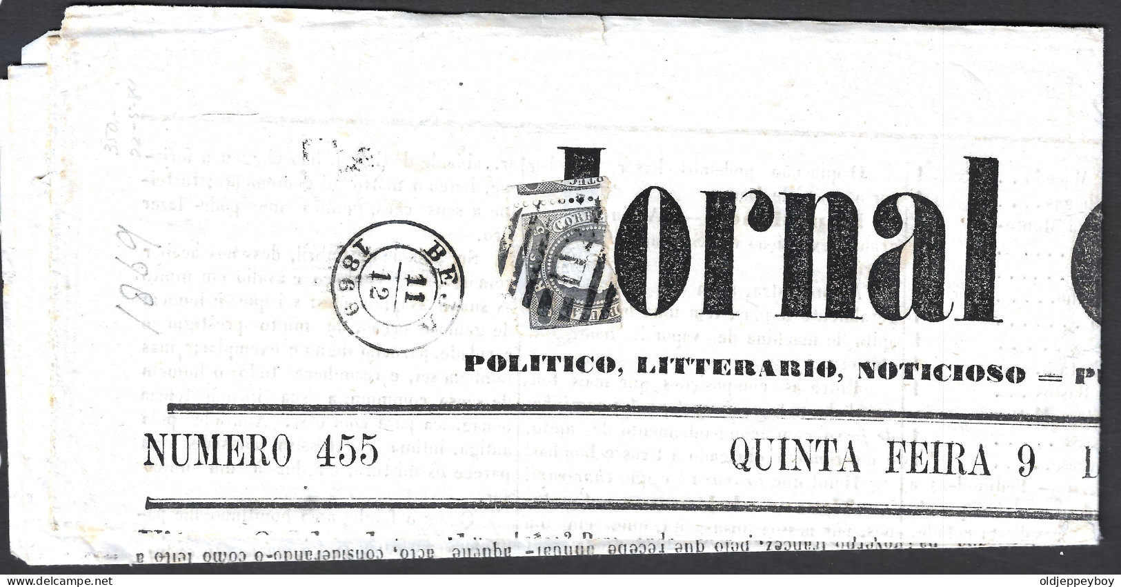 1869 PORTUGAL  “Jornal De Viseu Datado De 11.12.1869 Com Selo De 5 Reis D. Luís I, Fita Curva, Denteado, MF19  - Autres & Non Classés