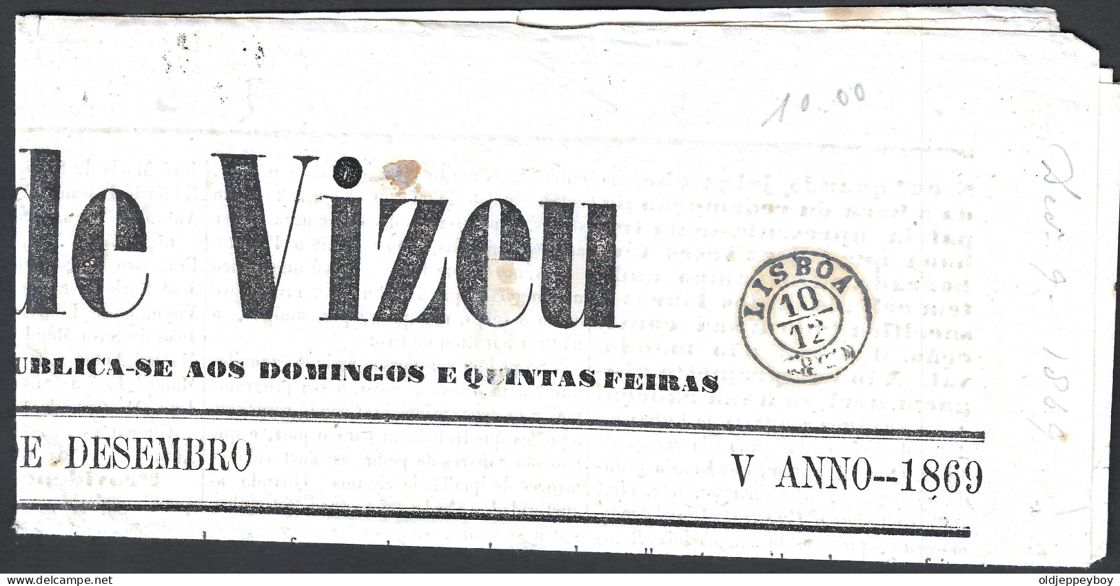 1869 PORTUGAL  “Jornal De Viseu Datado De 11.12.1869 Com Selo De 5 Reis D. Luís I, Fita Curva, Denteado, MF19  - Altri & Non Classificati