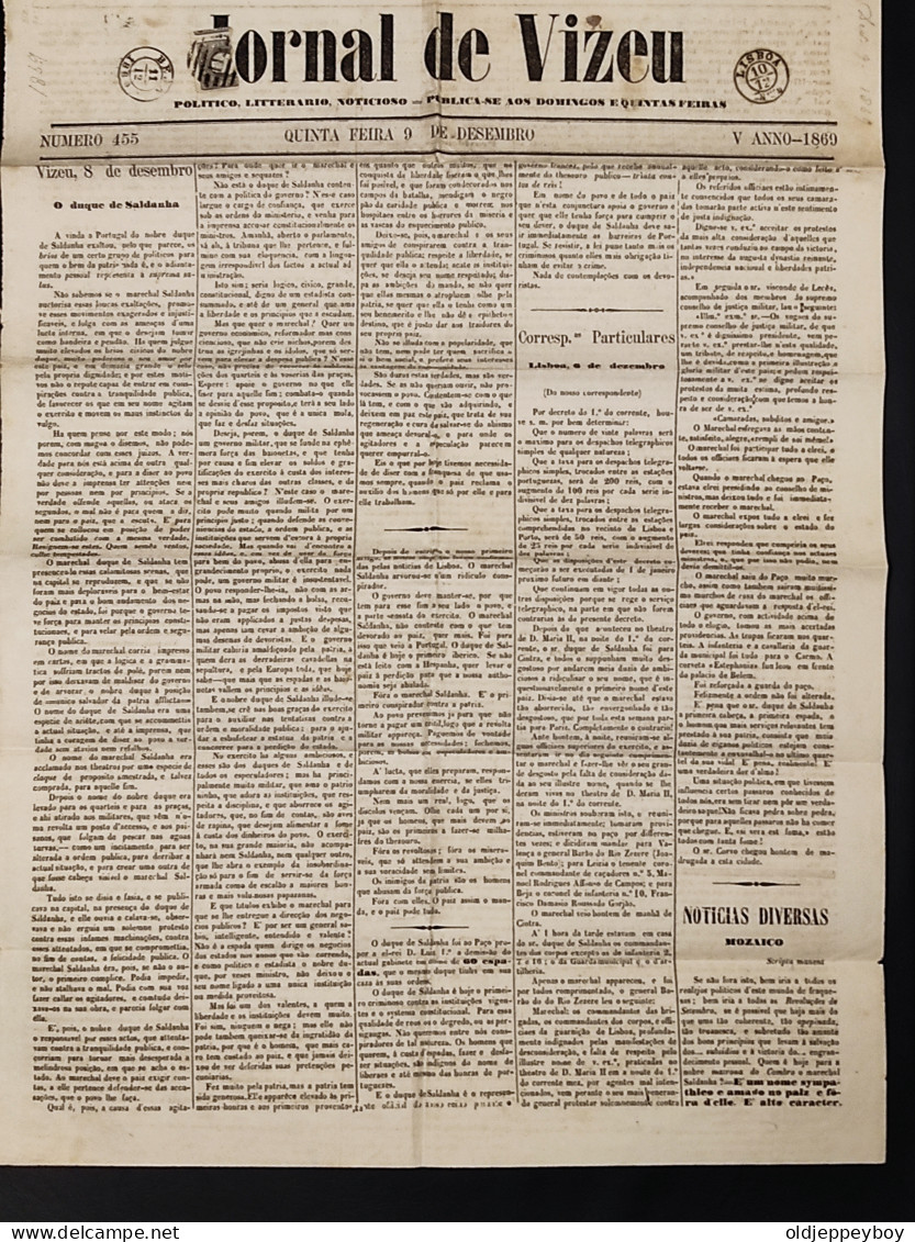 1869 PORTUGAL  “Jornal De Viseu Datado De 11.12.1869 Com Selo De 5 Reis D. Luís I, Fita Curva, Denteado, MF19  - Sonstige & Ohne Zuordnung