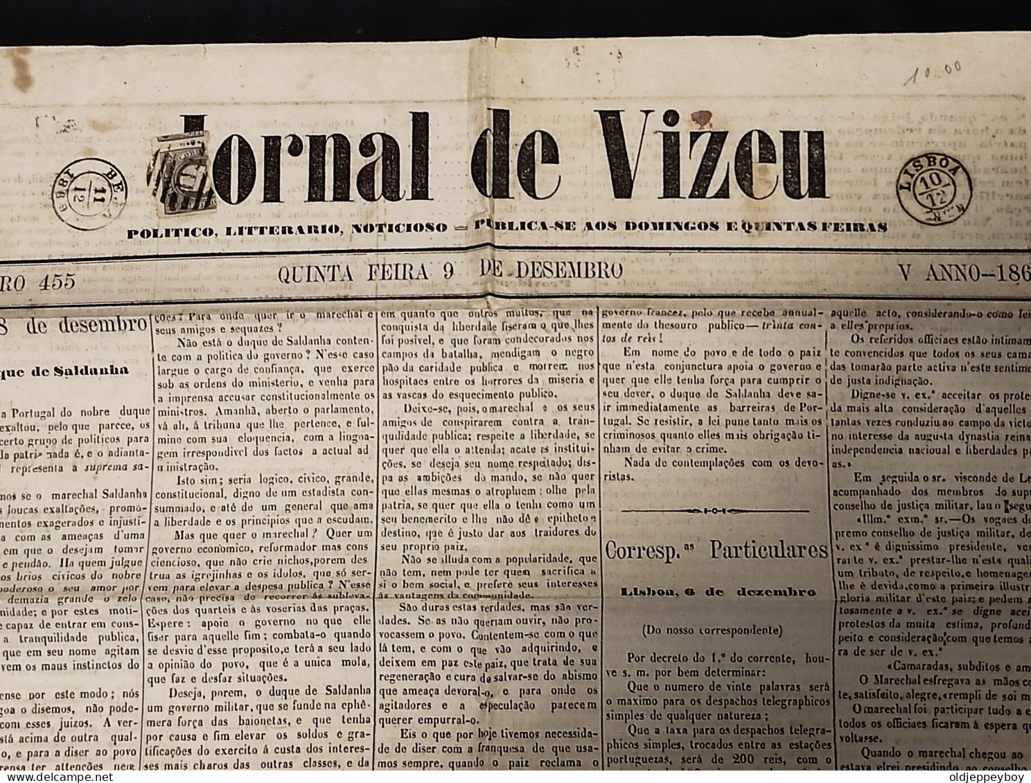 1869 PORTUGAL  “Jornal De Viseu Datado De 11.12.1869 Com Selo De 5 Reis D. Luís I, Fita Curva, Denteado, MF19  - Andere & Zonder Classificatie