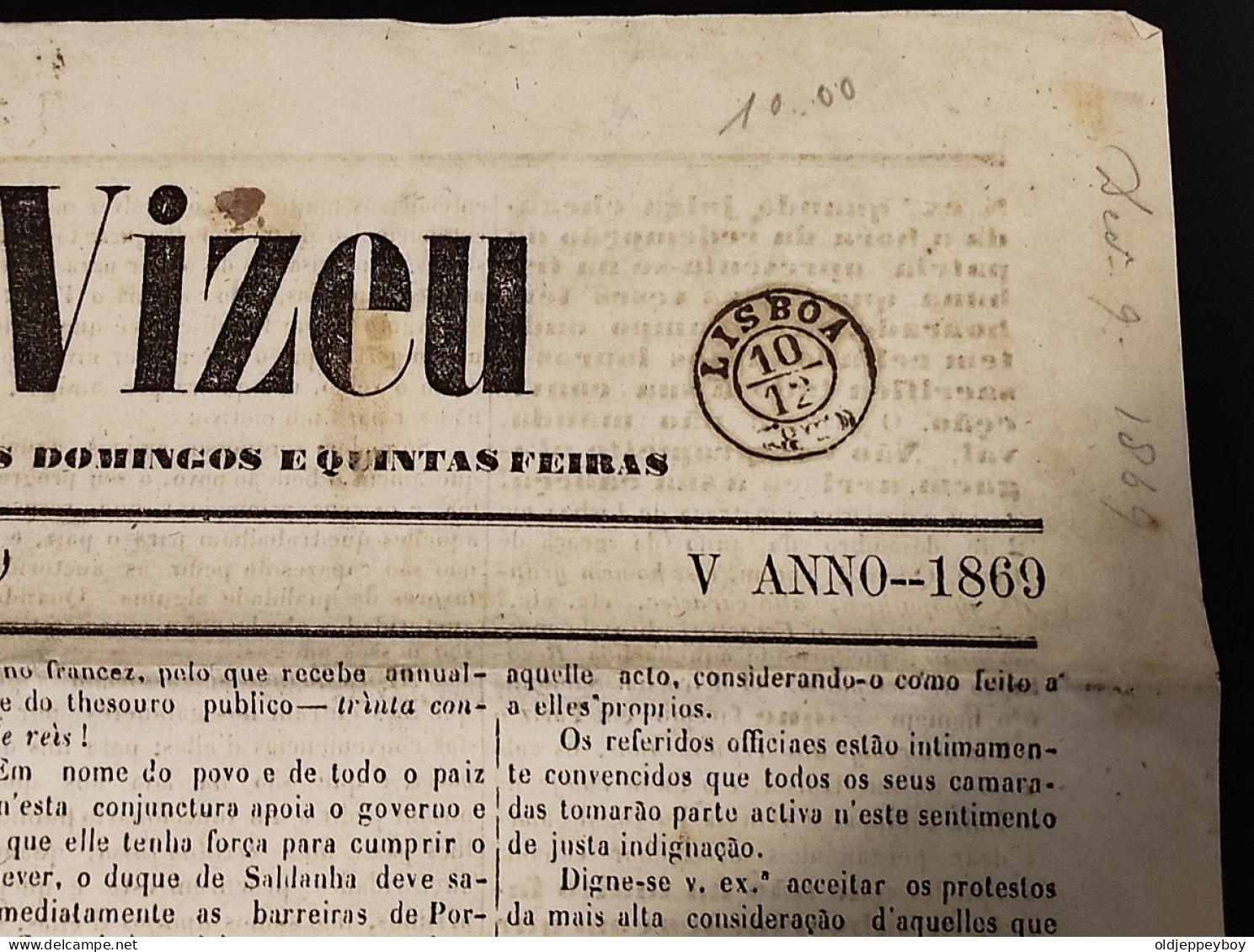 1869 PORTUGAL  “Jornal De Viseu Datado De 11.12.1869 Com Selo De 5 Reis D. Luís I, Fita Curva, Denteado, MF19  - Otros & Sin Clasificación