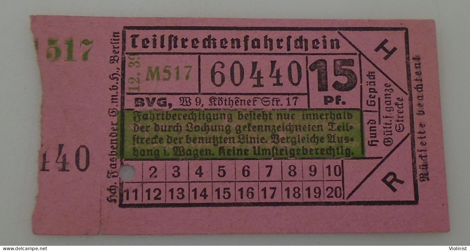 Germany-G.m.b.h.Berlin-Teilstreckenfahrschein-Berlin Old Ticket For Tram Transport-12.39. - Europe