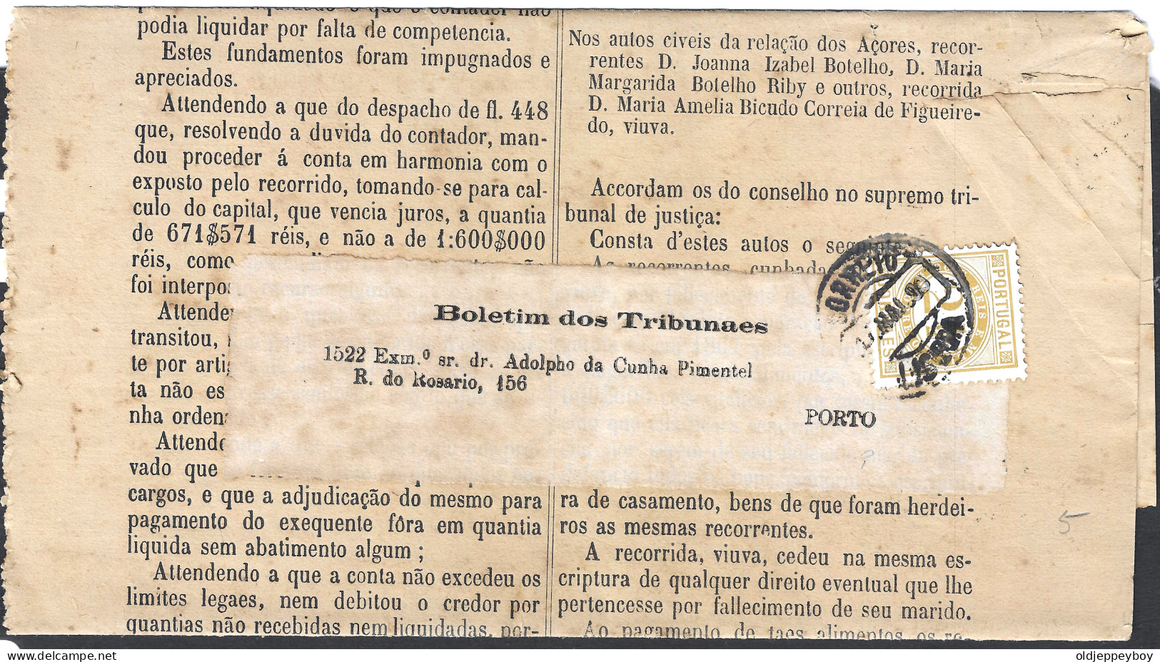 1890 Boletim Dos Tribunais Remetido De Lisboa Para O Porto (18.05.90), Com Selo De 2 ½ Reis, MF48 - Otros & Sin Clasificación