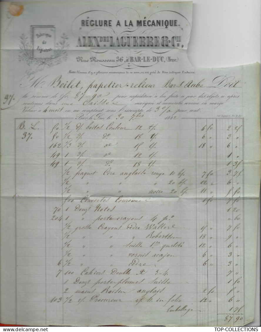 1842 ENTETE ALEXANDRE LAGUERRE Librairie Papeterie  Bar Le Duc Meuse  Pour Boliet Papetier Relieur à Bar Sur Aube Aube - 1800 – 1899