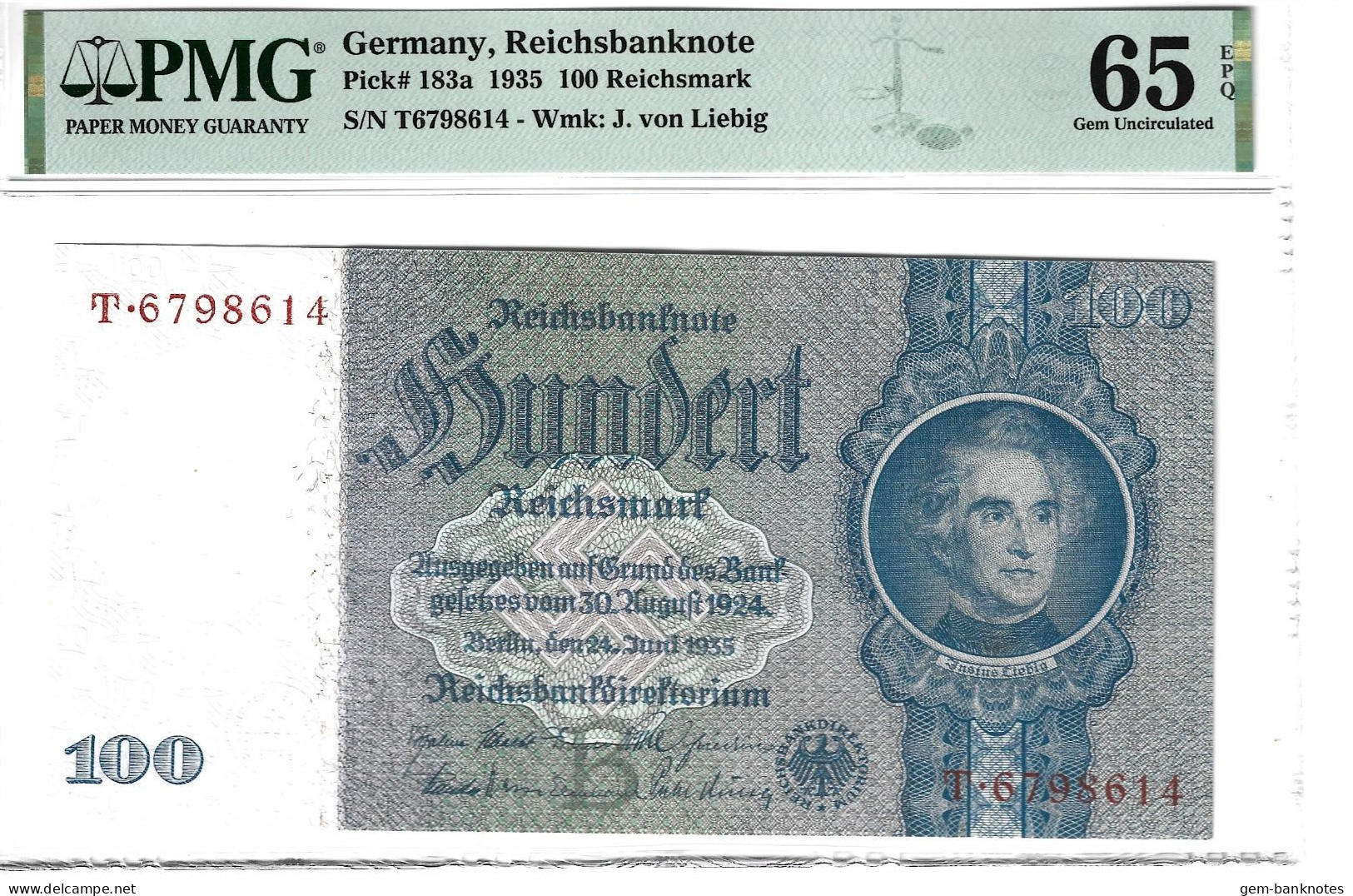 Germany 100 Reichsmark 1935 P183a Graded 65 EPQ Gem Uncirculated By PMG - 100 Reichsmark