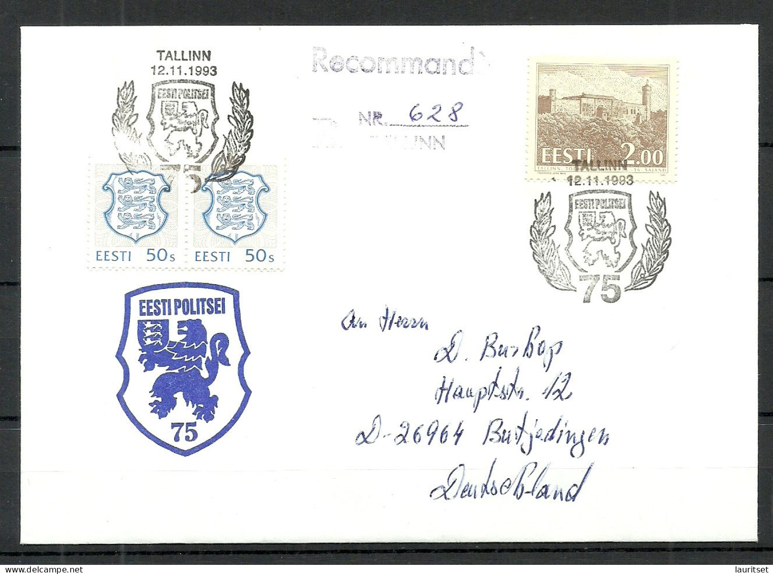 ESTLAND Estonia 1993 Special Cancel Sonderstempel Estonian Police 75th Anniversary Registered Cover To Germany - Police - Gendarmerie