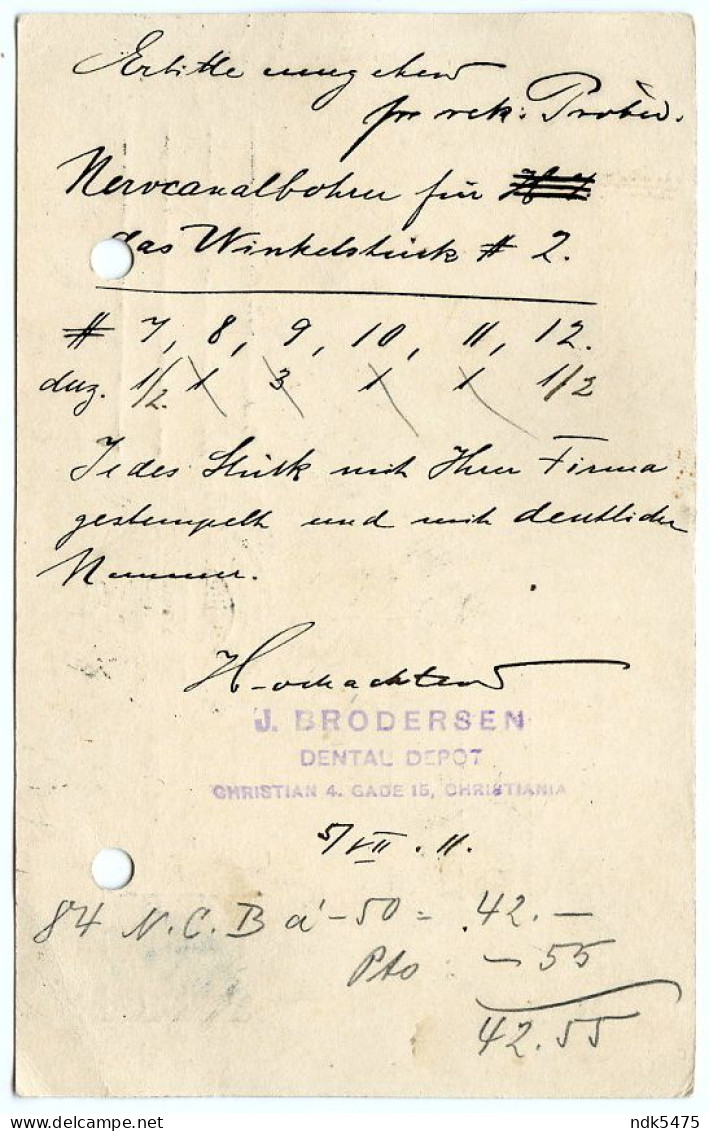 NORWAY : KRISTIANIA, POSTAL STATIONERY, 1911 : DENTAL DEPOT / DENTISTRY / J. BRODERSEN, GADE / MUNCHEN - Interi Postali