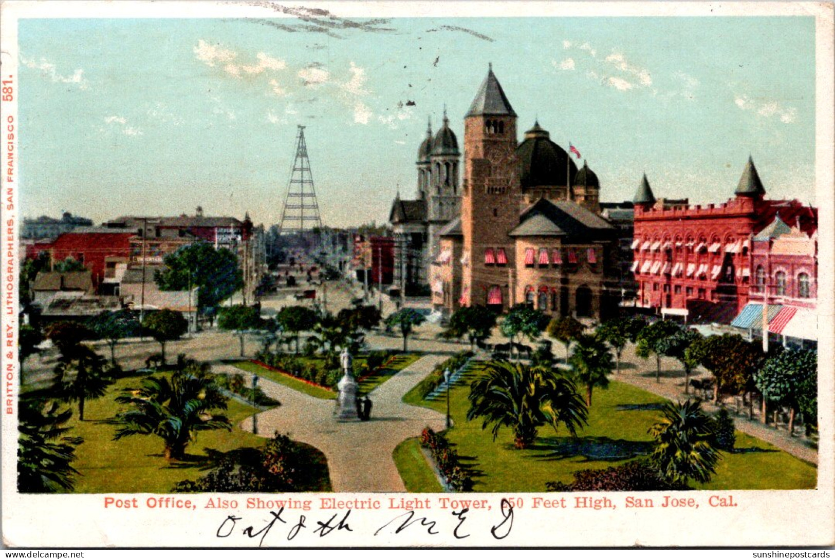 California San Jose Post Office Also Showing Electric Light Tower 1905 - San Jose