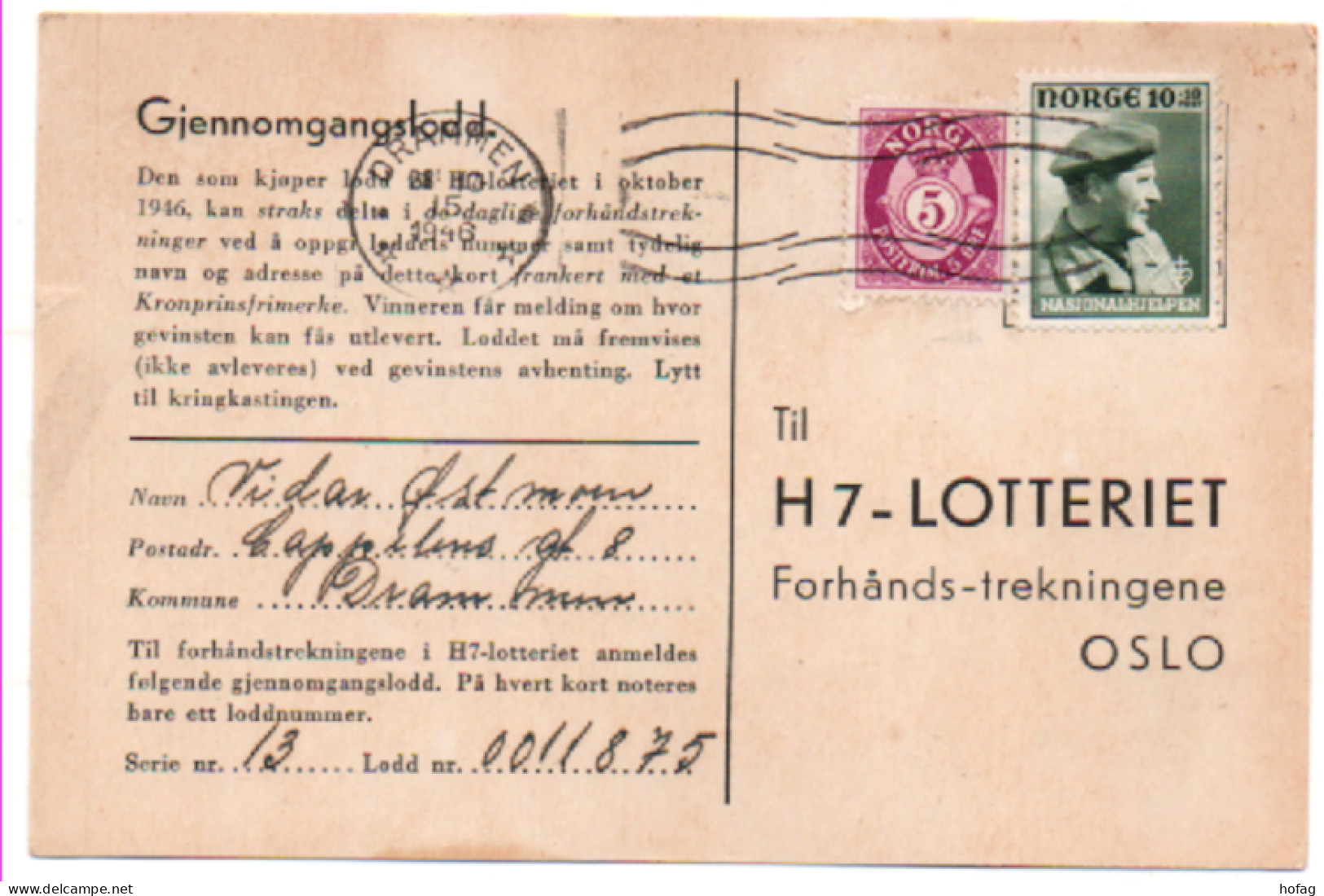 Norwegen 1946 MiNr: 310 Postkarte H7 Lotteriet Gestempelt; Norway Postcard Used Scott: B43 YT: 280 Sg: 375 - Storia Postale