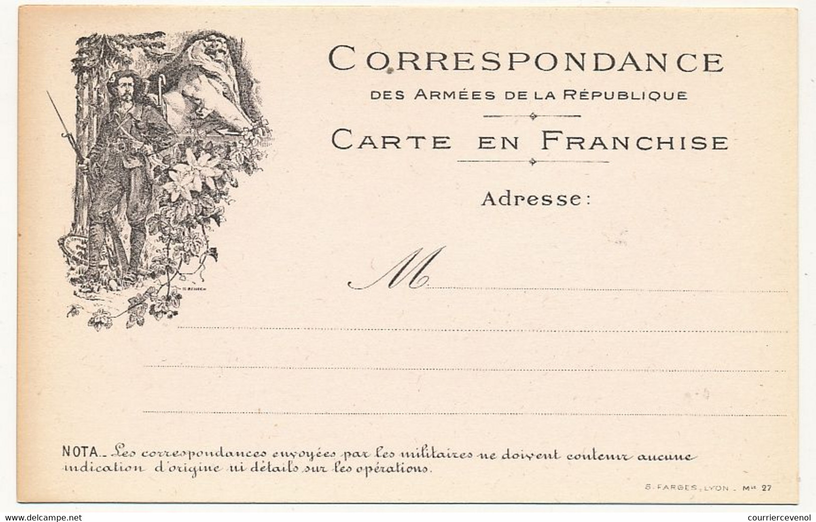 Carte FM Des Editions Farges à Lyon - N° 27 - Chasseur Alpin, Poste Frontiére, Lion De Belfort. - Covers & Documents