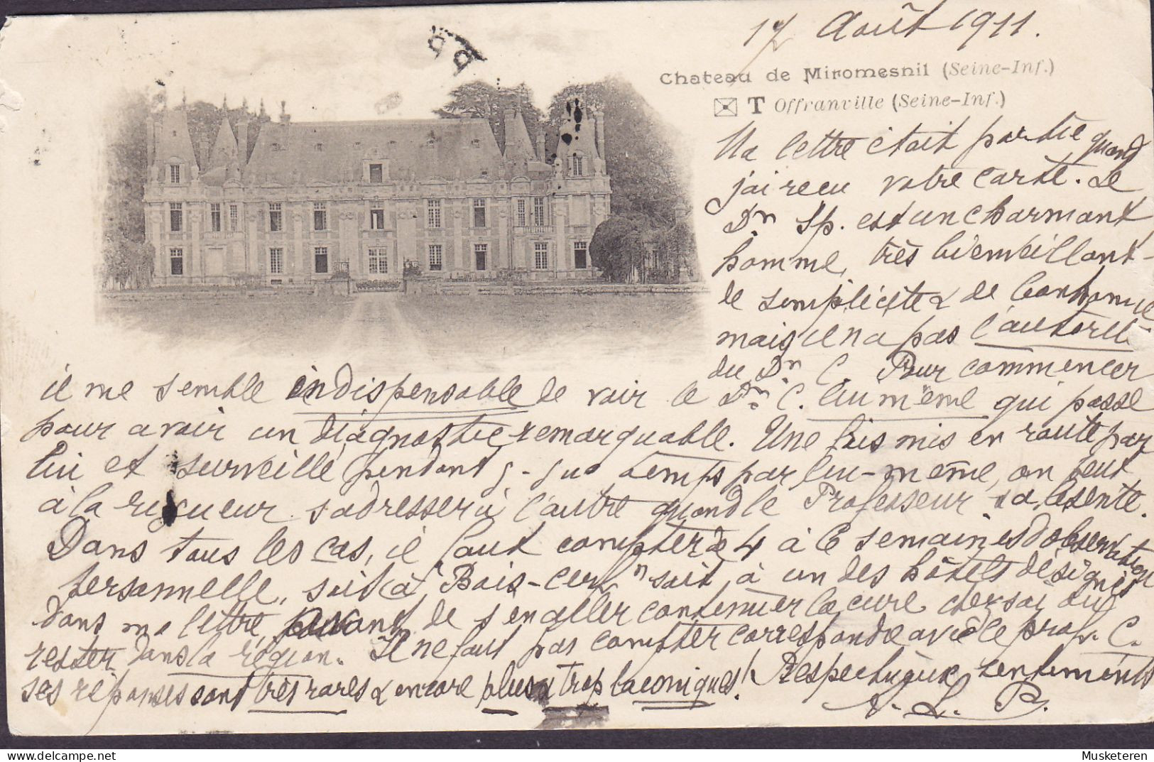 France CPA Chateau De Miromesnil (Offranville) 1911 To Palace Hotel Montana Sierre (Palais) Suisse 2x Semeuse (2 Scans) - Offranville