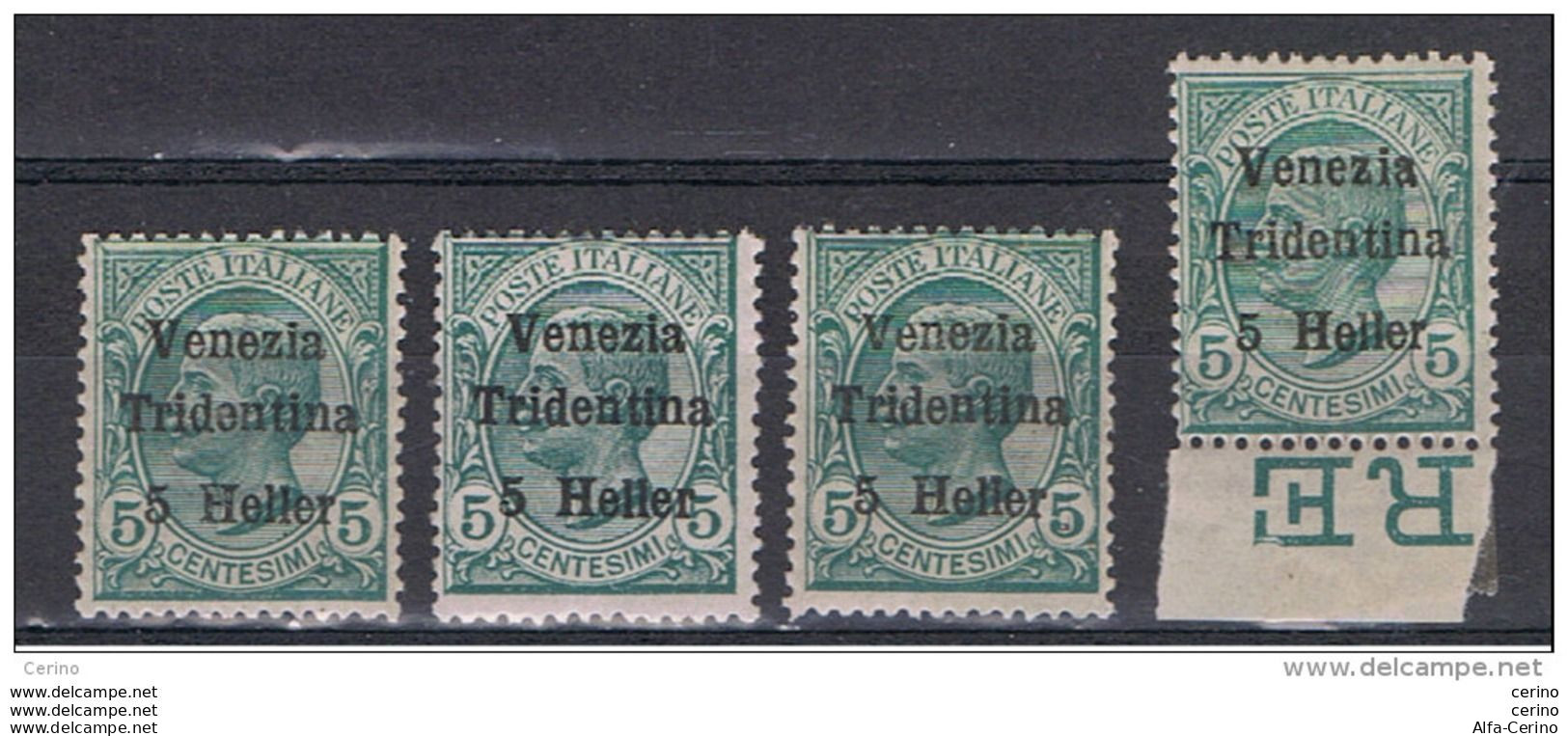 TRENTINO:  1918  SOPRASTAMPATO  -  5 H./5 C. VERDE  N. -  RIPETUTO  4  VOLTE  -  SASS. 28 - Trente