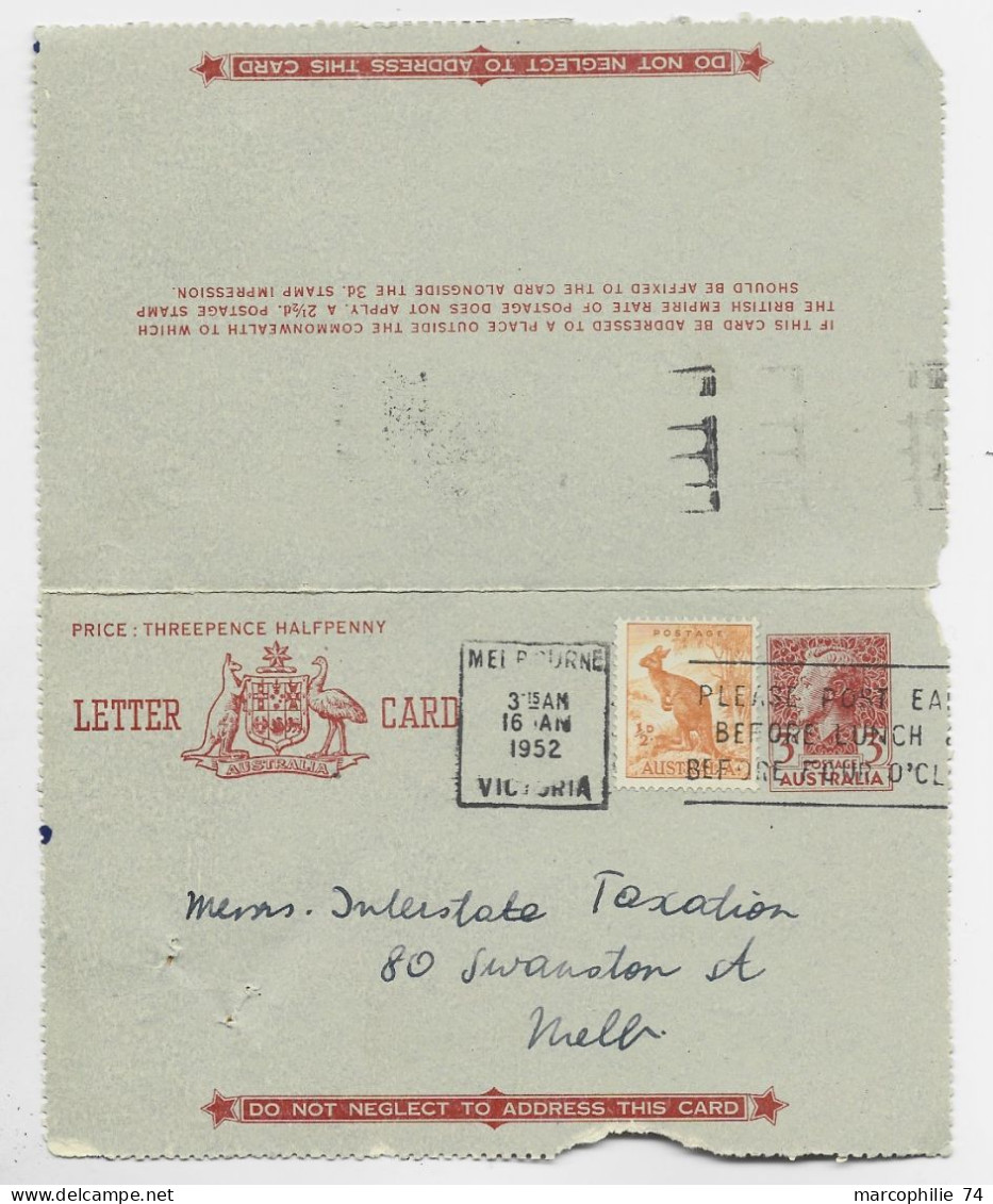 AUSTRALIA 3D ENTIER LETTER CARD + 1/2D KANGOROO MELBOURNE 1952 - Postwaardestukken