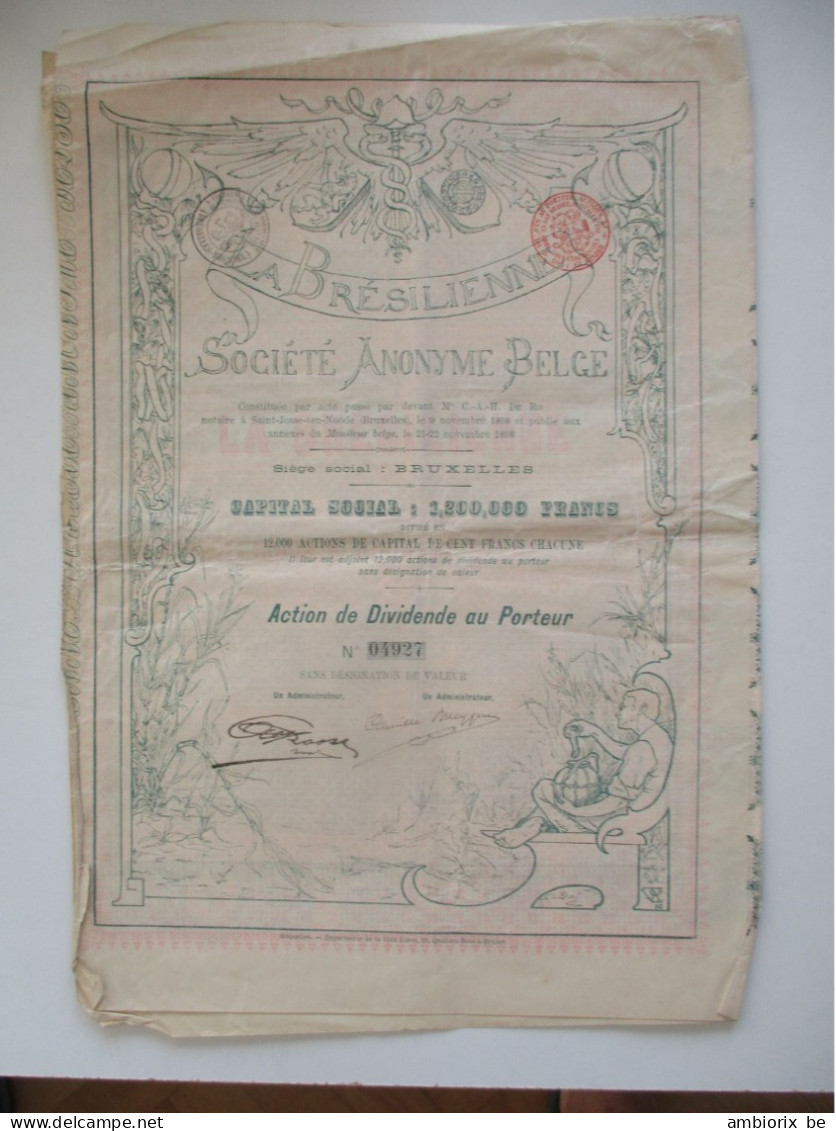 La Brésilienne - Société Anonyme Belge - 1898 - Action De Dividende Au Porteur - Afrique