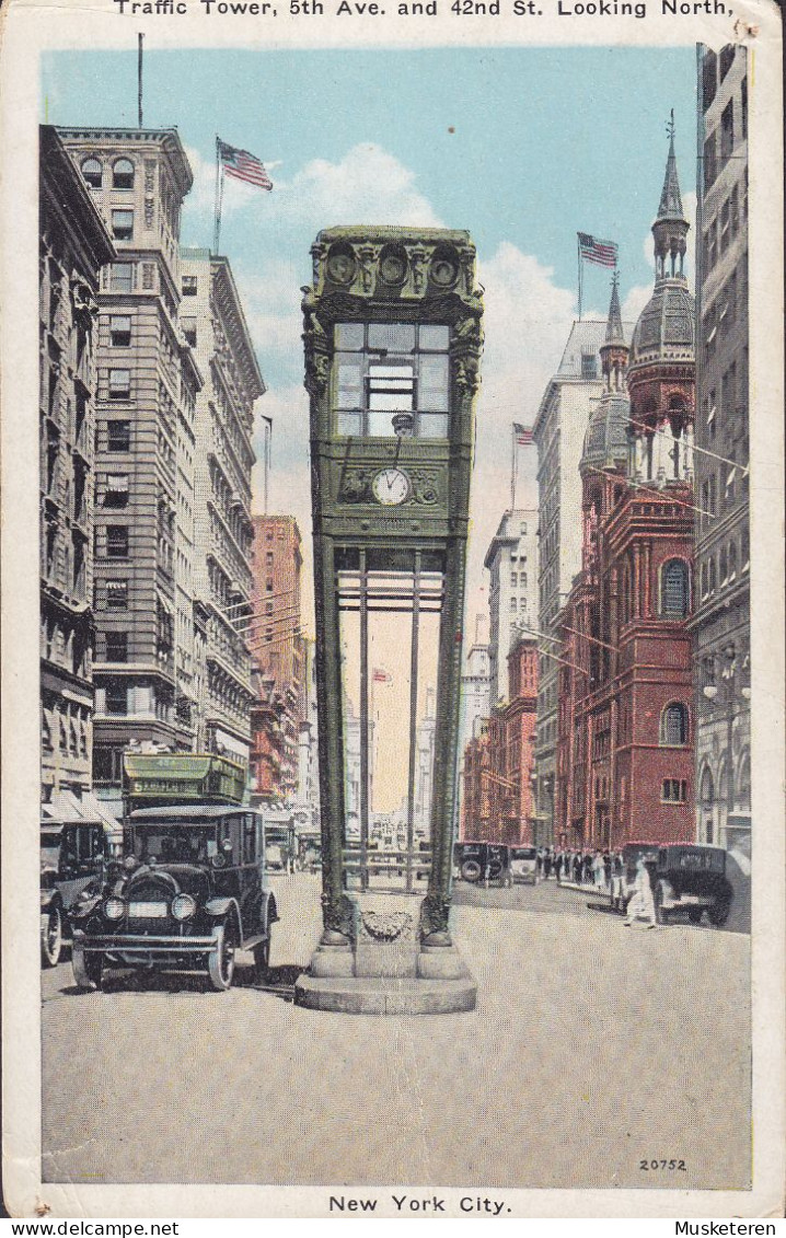 United States PPC New York City, Traffic Tower, 5th Ave. And 42nd Street Looking North Old Cars Alte Autos (2 Scans) - Manhattan