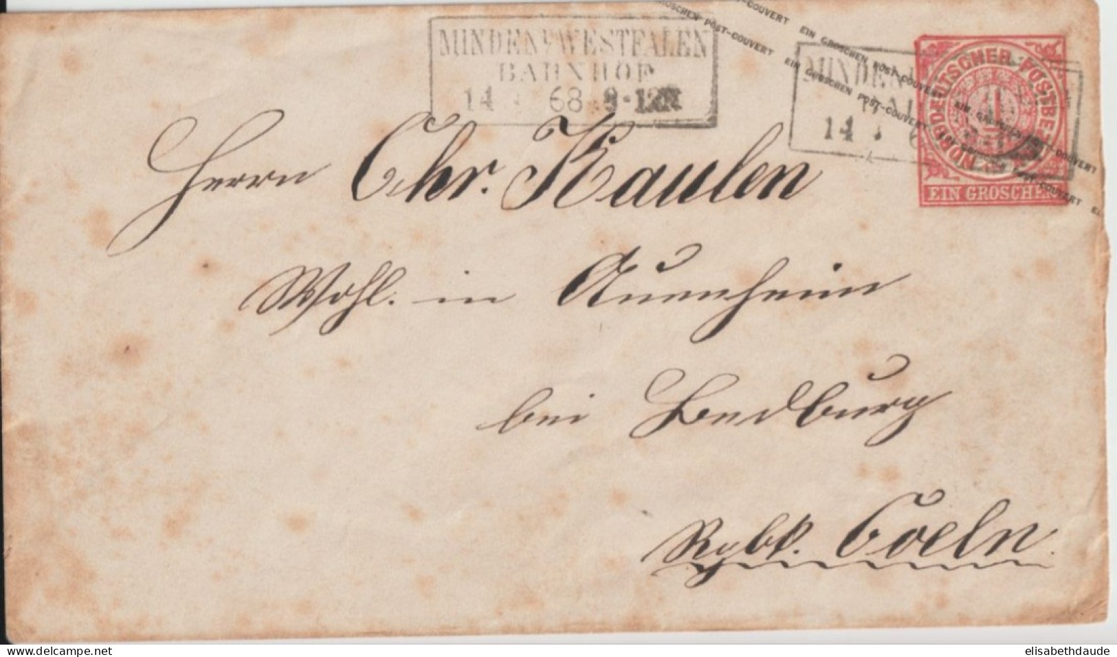 1868 - ALLEMAGNE Du NORD - ENVELOPPE ENTIER POSTAL CACHET RECTANGULAIRE De MINDEN I.WESTFALEN BAHNHOF (GARE) - Postwaardestukken