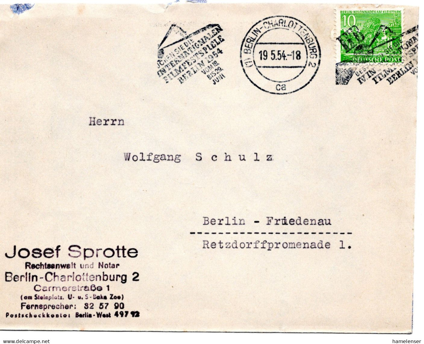 69738 - Berlin - 1954 - 10Pfg Bauten I EF A OrtsBf BERLIN - ... BESUCHEN SIE DIE INTERNATIONALEN FILMFESTSPIELE ... - Cinéma