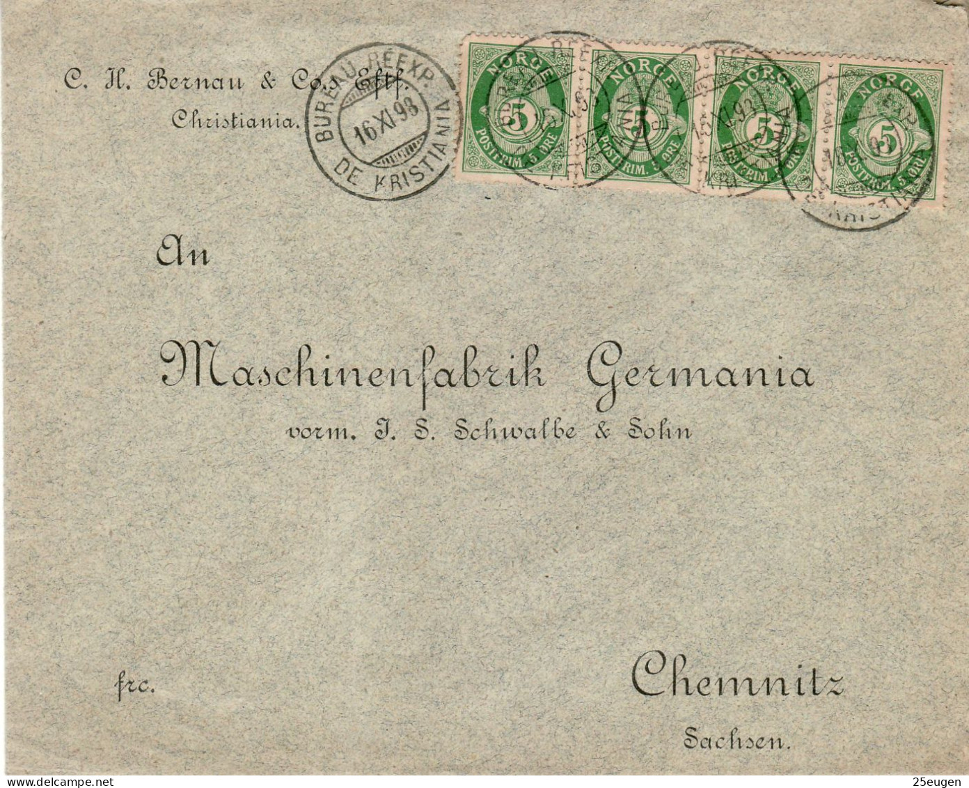 NORWAY 1898  LETTER SENT FROM KRISTIANIA TO CHEMNITZ - Briefe U. Dokumente