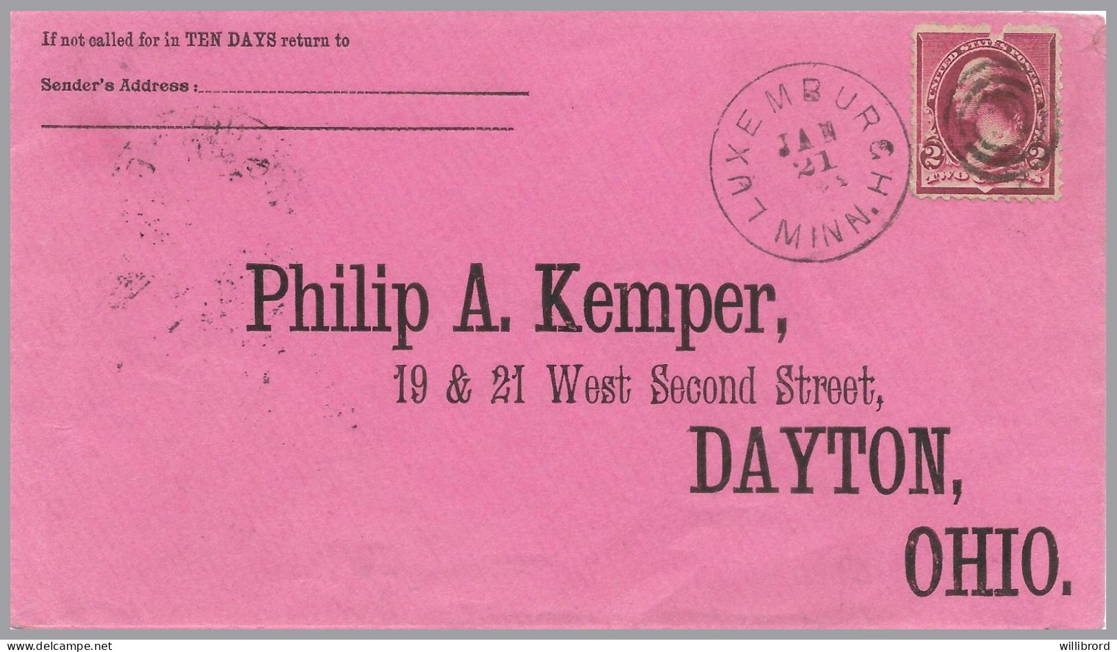 LUXEMBOURG - 1895 LUXEMBURGH MINN Duplex Cancel On 2c Washington Banknote To Dayton, Ohio - Autres & Non Classés