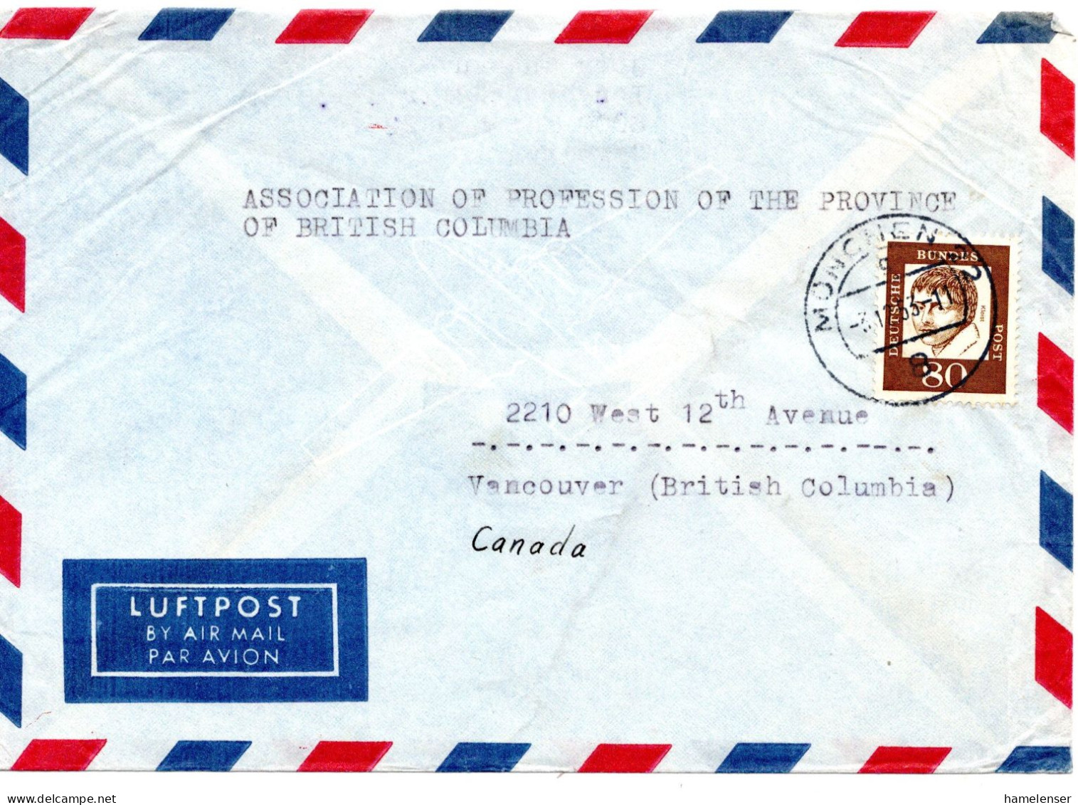69745 - Bund - 1963 - 80Pfg Kleist EF A LpBf MUENCHEN -> Vancouver, BC (Canada) - Storia Postale