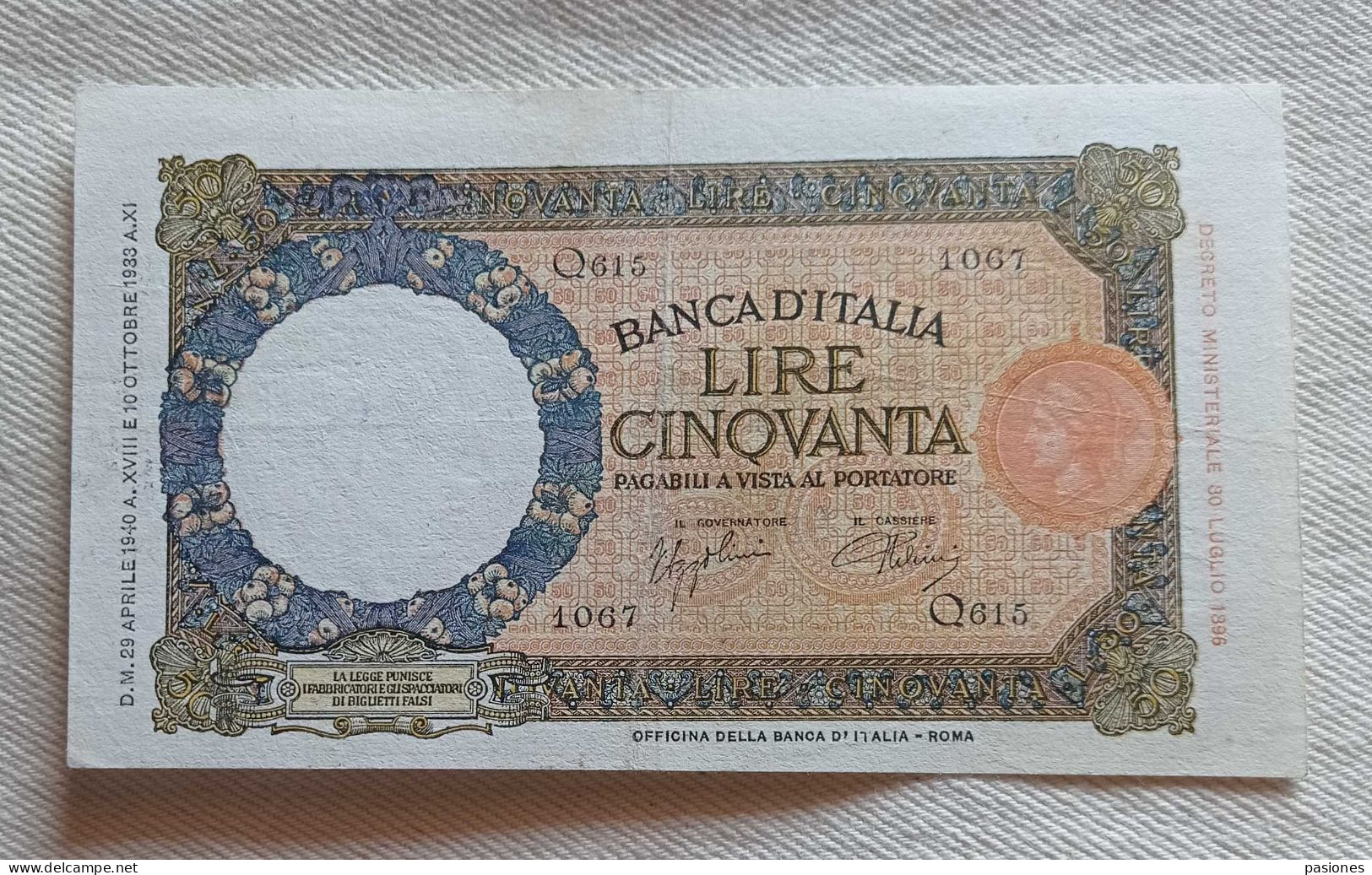 Banca D'Italia Lire 50 29/04/1940 Azzolini/Urbini - 50 Liras