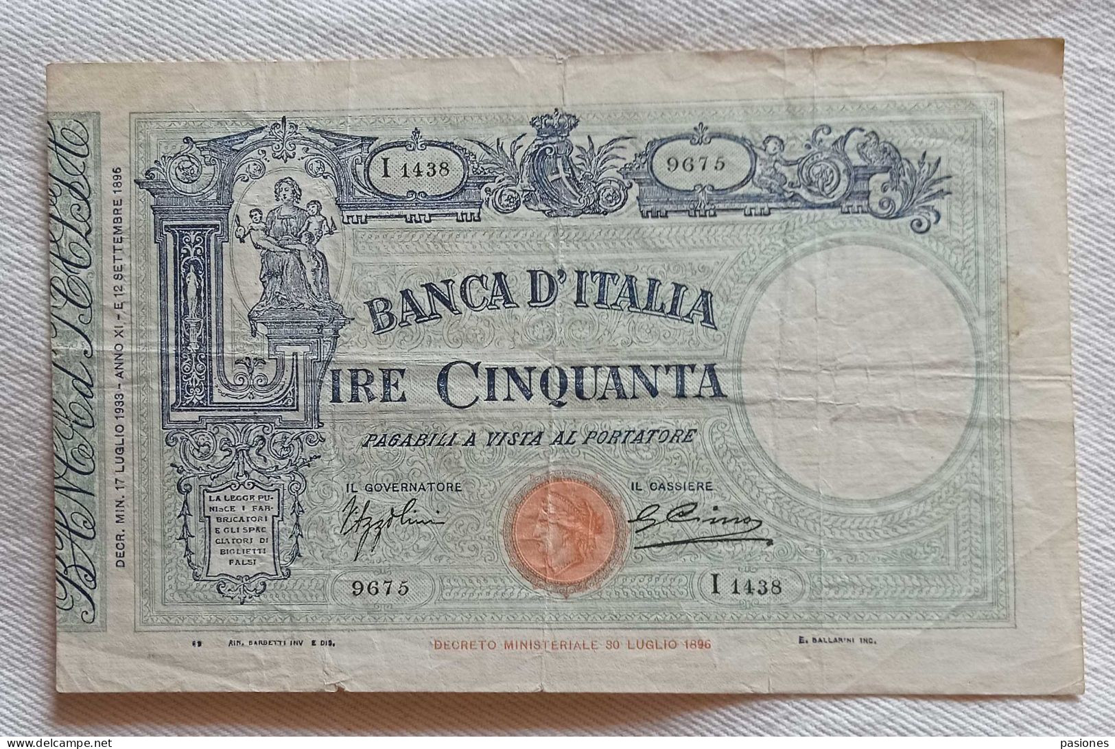 Banca D'Italia Lire 50 D.M. 17/07/1933 Azzolini/Cima Con Matrice R - 50 Liras