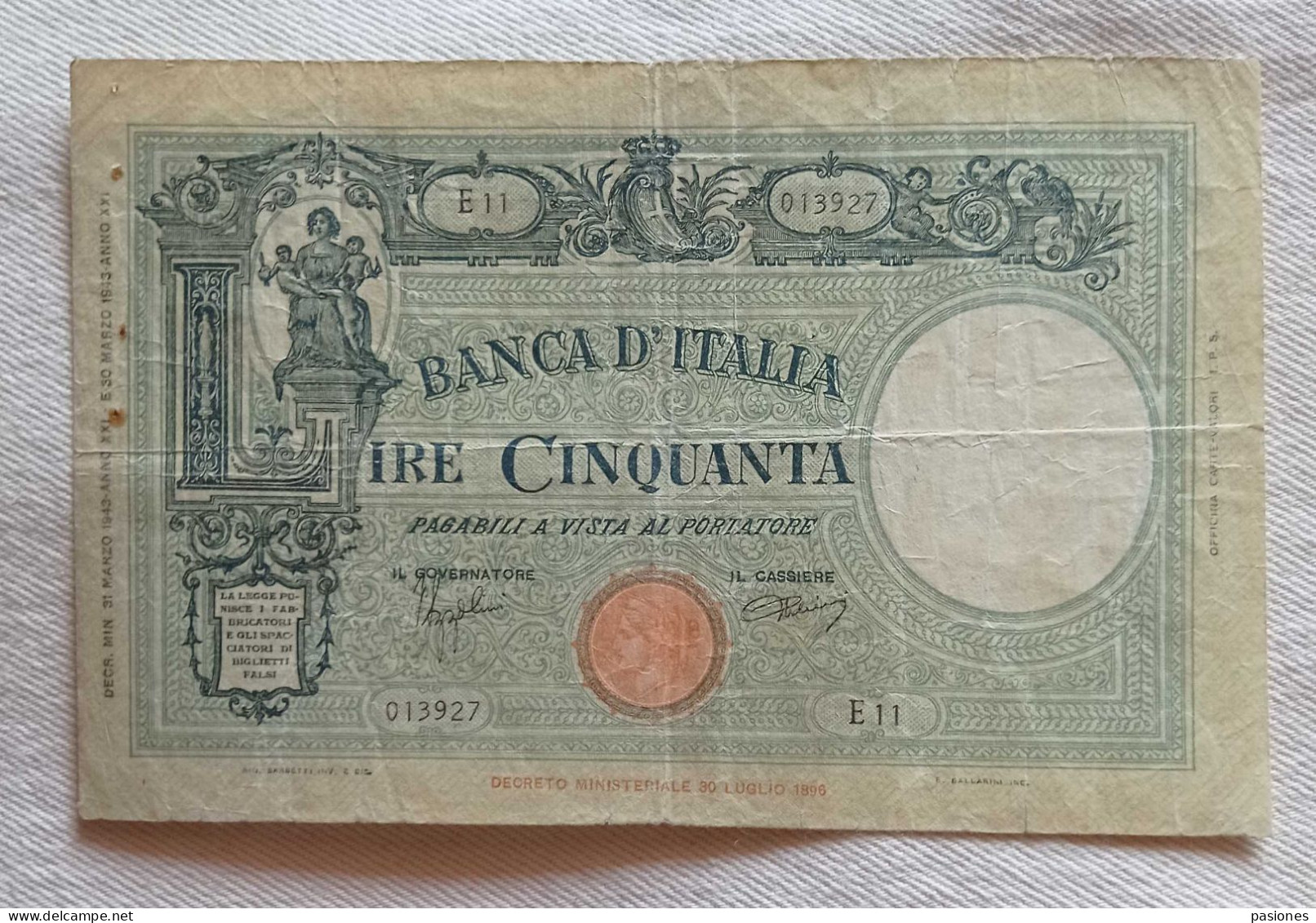 Banca D'Italia Lire 50 31/03/1943 Azzolini/Urbini - 50 Lire
