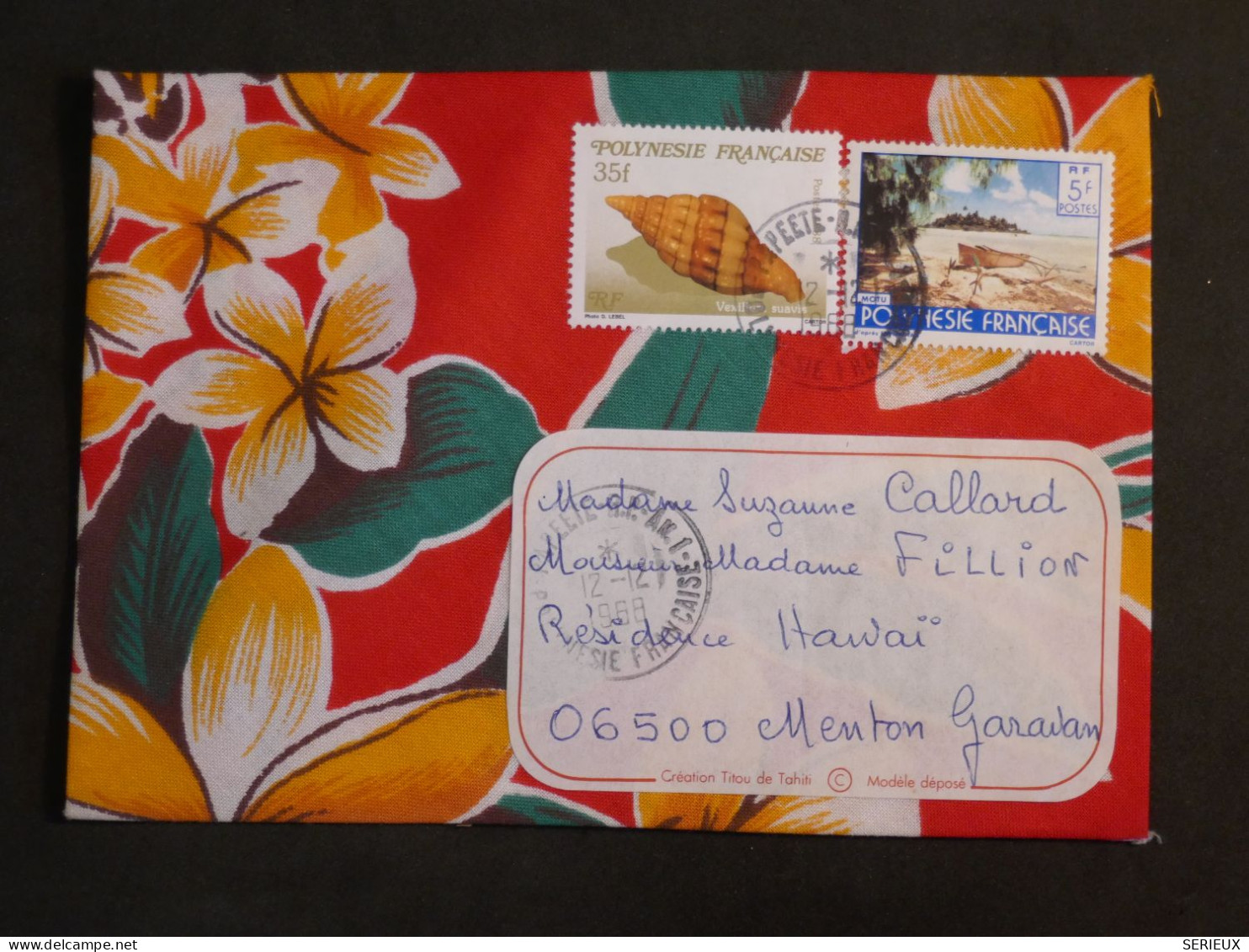 DB2 POLYNESIE  BELLE LETTRE  EN TISSU RARE CURIOSITé 1968  PAPEETE A MENTON  FRANCE + AFF. INTERESSANT+   +++ - Storia Postale