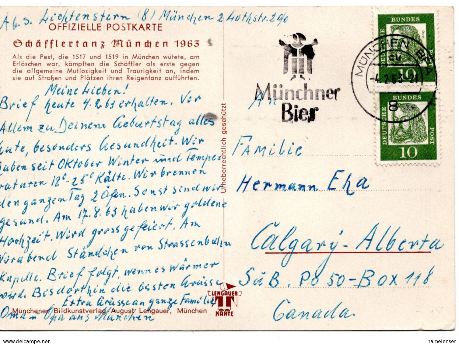 69746 - Bund - 1965 - 2@10Pfg Duerer A AnsKte MUENCHEN - MUENCHNER BIER -> Calgary, AB (Canada) - Beers