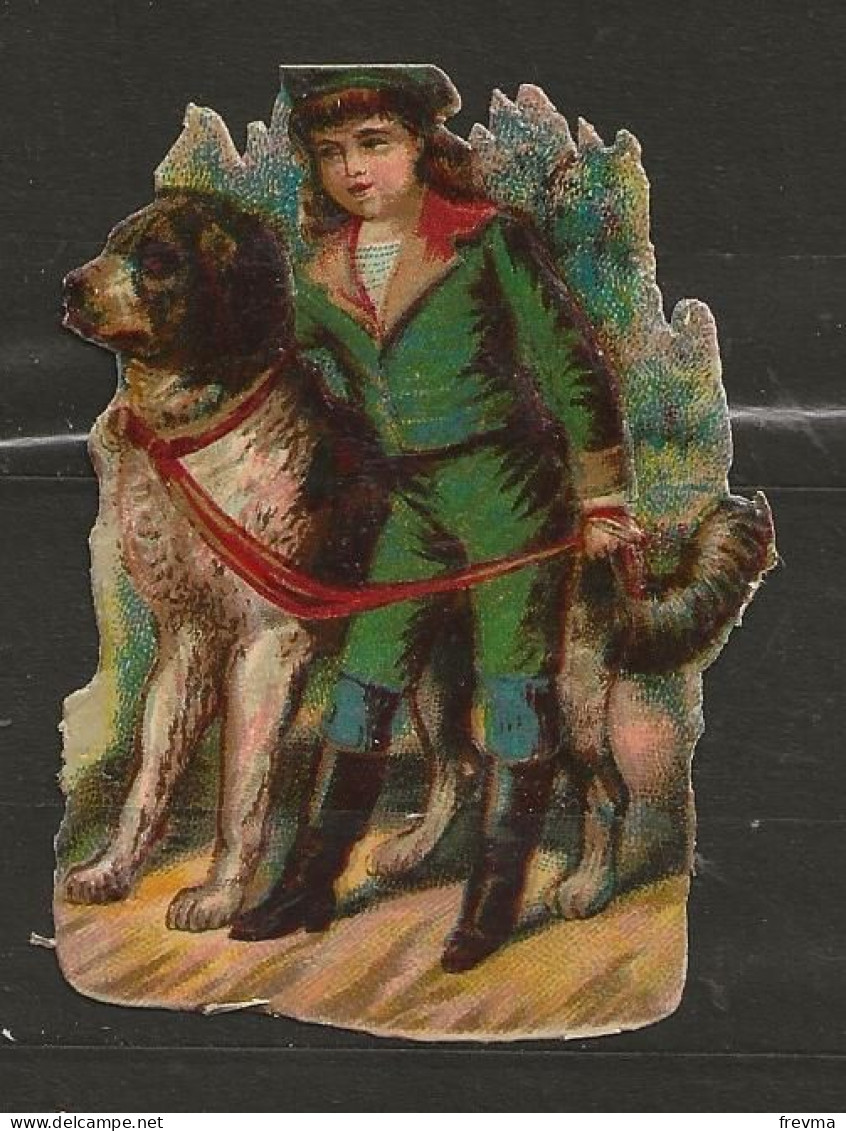 Découpis Gaufrée Enfant Avec Son Chien Année 1900 - Kinder