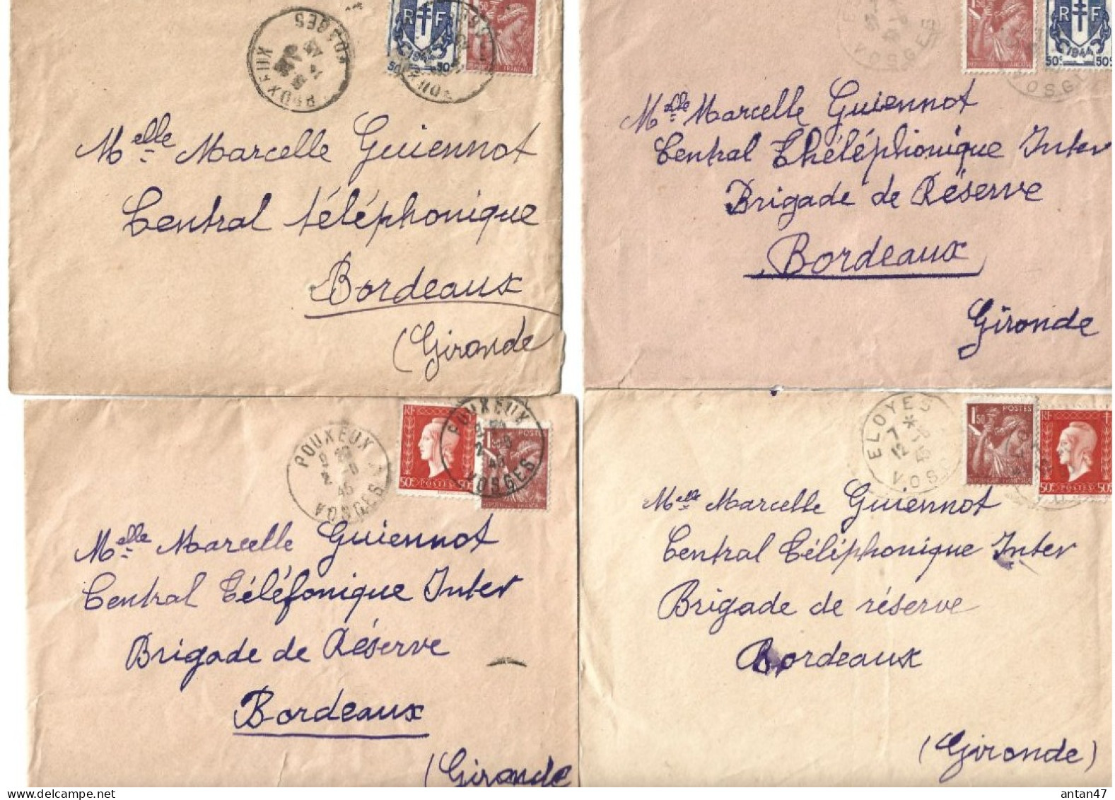 4 Enveloppes 1945 / 88 Guiennot JARMENIL Pour BORDEAUX / Timbre Iris / Oblitération ELOYES POUXEUX - 1939-44 Iris