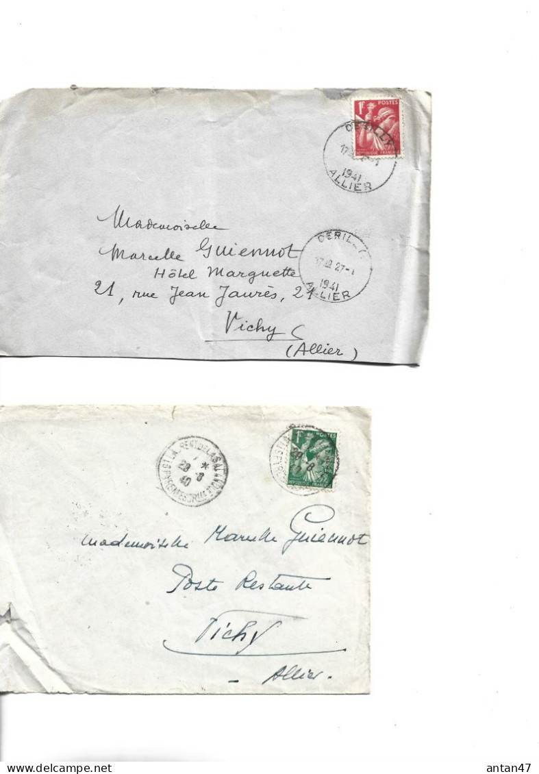 2 Enveloppes 1940-41 / 03 VICHY / GUIENNOT /Timbre Iris / Oblitération 03 CERILLY 66 St LAURENT DE LA SALANQUE - 1939-44 Iris