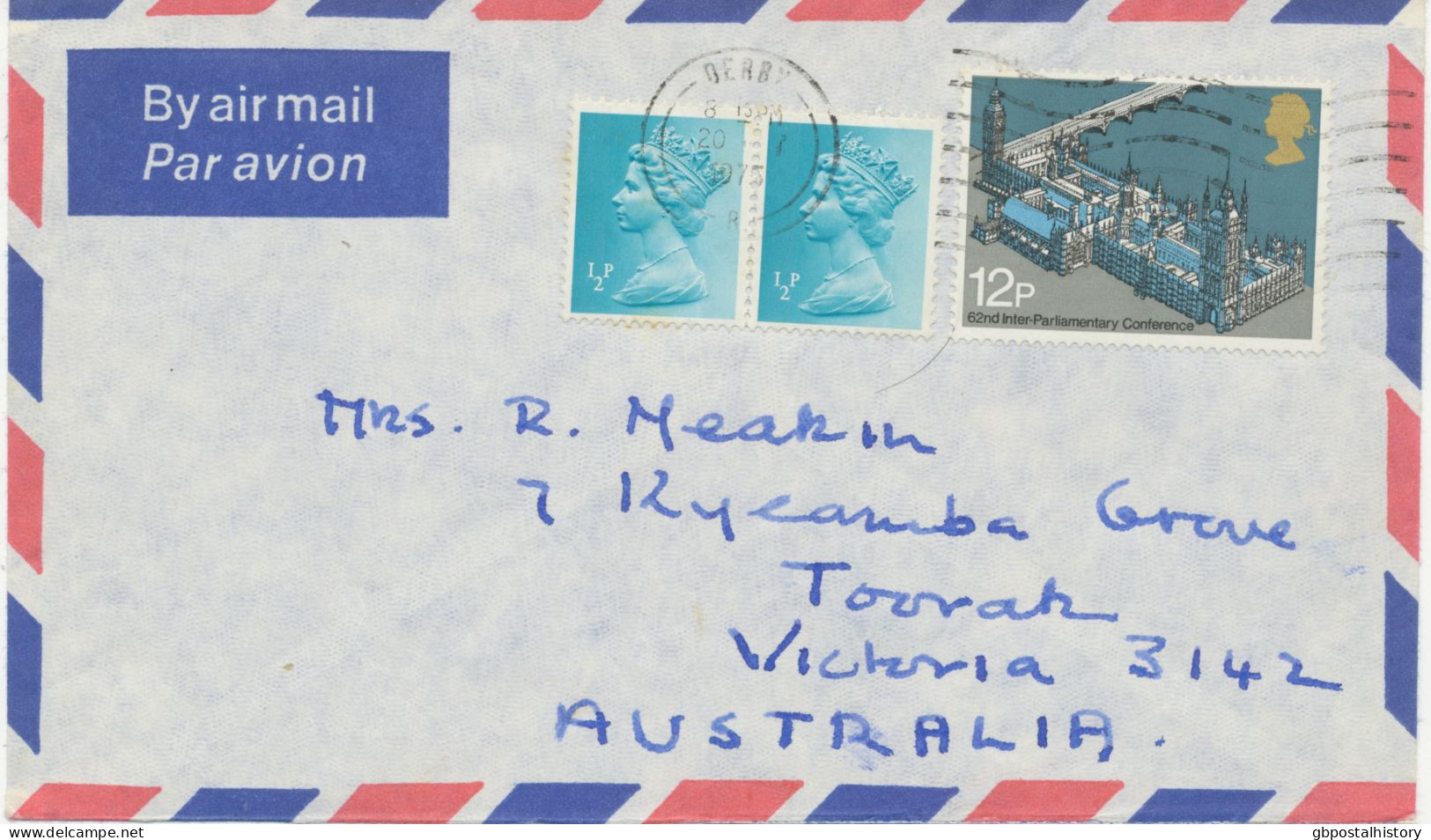 GB 1975 Machin 1/2p 2B (2x) And Parliamentary Conference 12p On Air Mail Cover From“DERBY“ To „ST. IVES, New South Wales - Briefe U. Dokumente