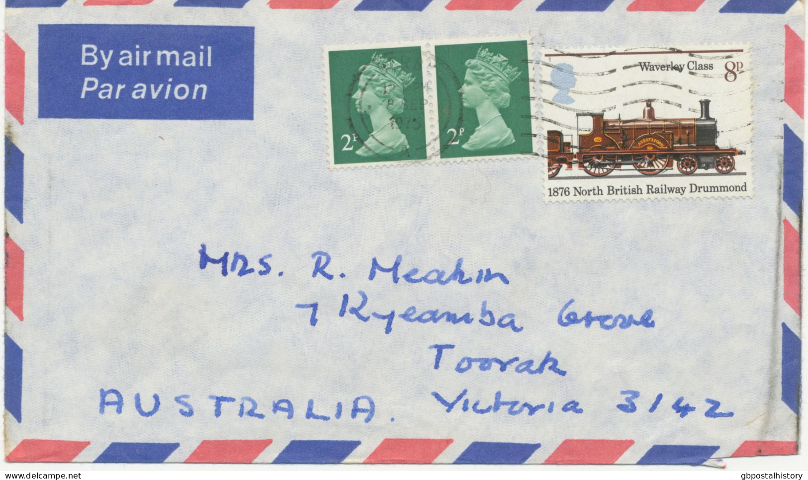 GB 1975 Machin 2p 2B (2x) And Locomotive 8p On Air Mail Cover From“DERBY“ To „TOOYAK, Victoria, Australia“ (12p Airmail - Cartas & Documentos