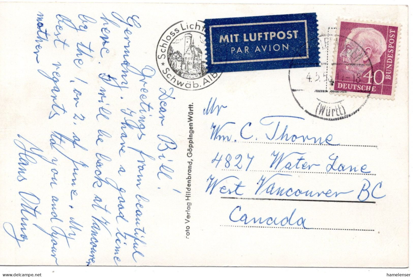 69748 - Bund - 1956 - 40Pfg Heuss I A LpAnsKte ... -> West Vancouver, BC (Canada) - Covers & Documents