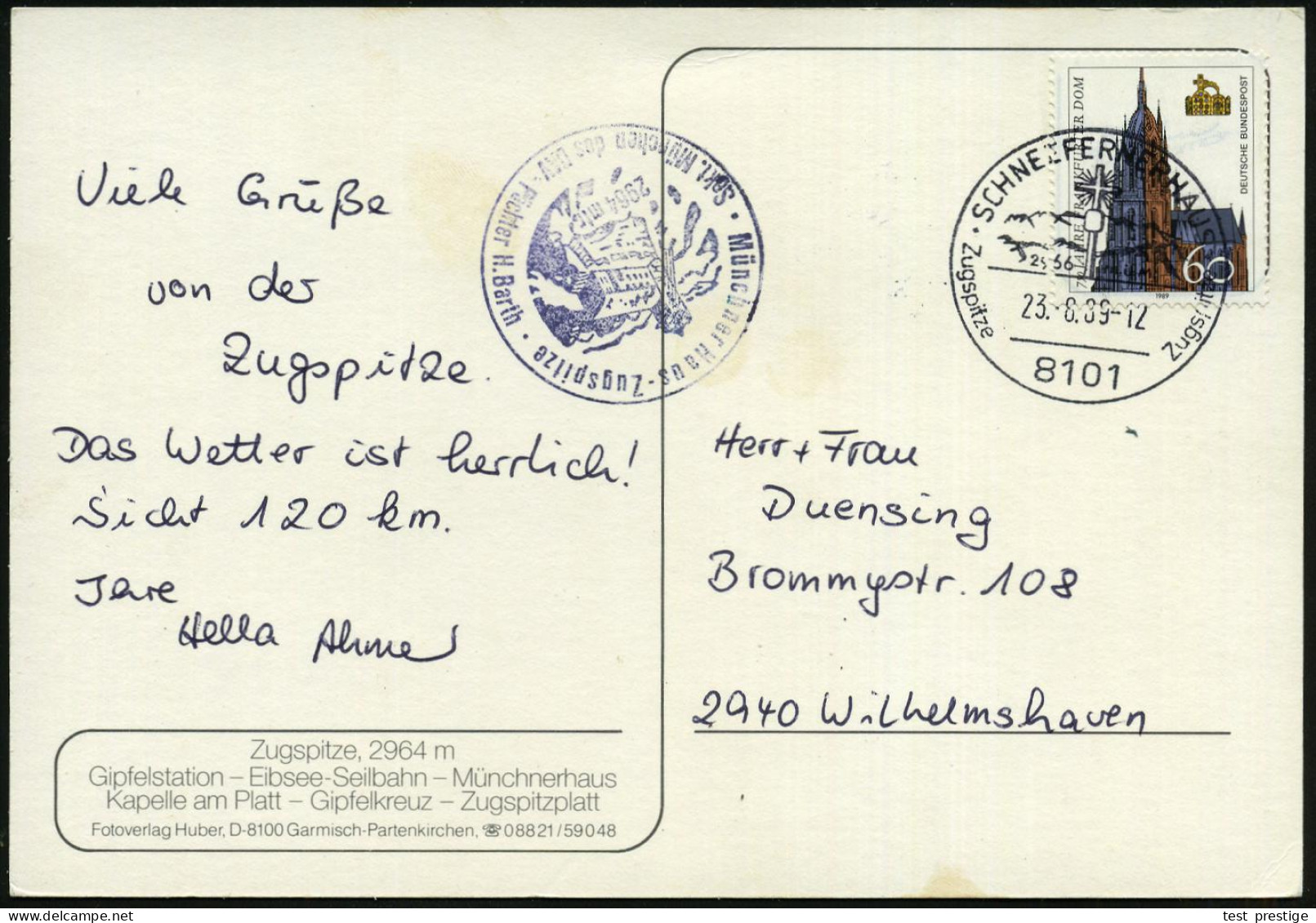 8101 SCHNEEFERNERHAUS/ ..Zugspitze/ Zugspitze 1989 (23.8.) HWSt = Hotelpostamt (Gipfelkreuz) Bedarfs-Color-Ak.: Zugspitz - Ohne Zuordnung