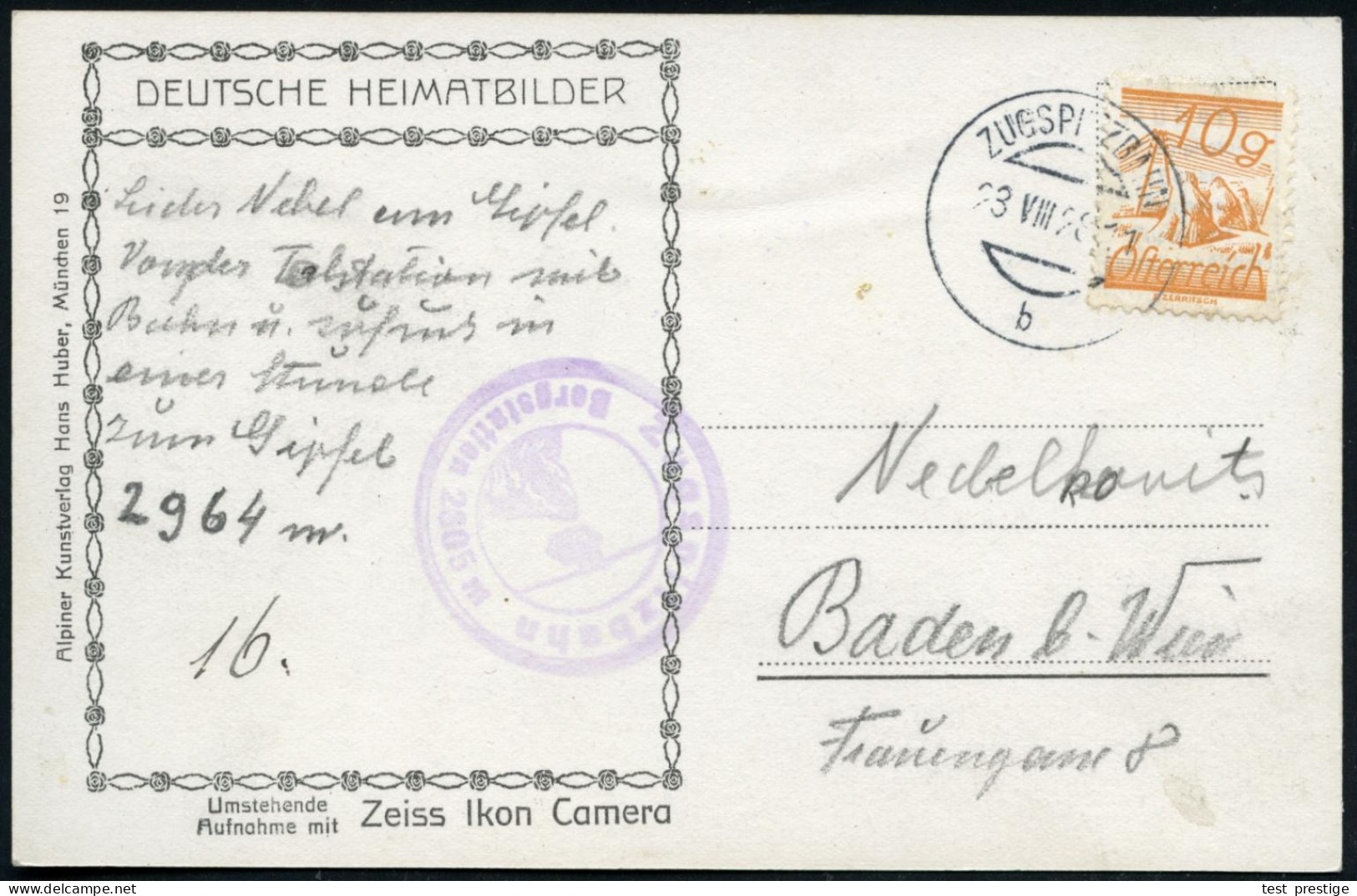 ÖSTERREICH 1928 (23.8.) 1K-Segment: ZUGSPITZBAHN/b = Hauspostamt Seilbahn-Station + Viol. HdN. , Klar Gest. S/w.-Foto-Ak - Non Classés