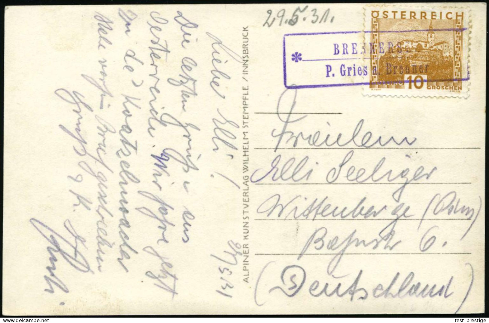 ÖSTERREICH 1931 (29.5.) Viol. Ra2:  B R E N N E R S E E / P. Gries A. Brenner (= PSt.II) S/w.-Foto-Ak: Straßen-Grenze Am - Ohne Zuordnung