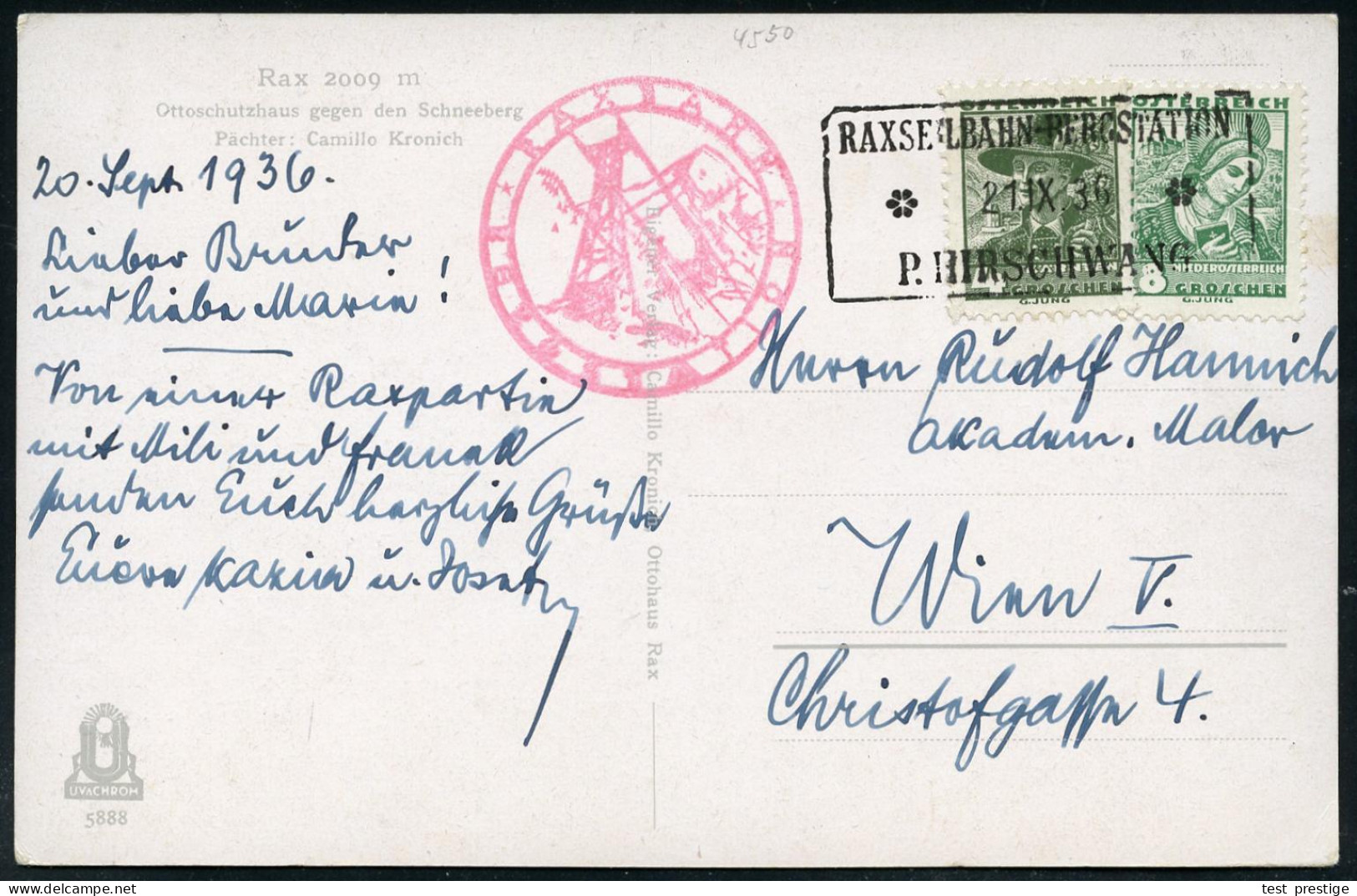 ÖSTERREICH 1936 (21.9.) Schw. Ra.3: RAXSEILBAHN-BERGSTATION/**/P. HIRSCHWANG = Hauspostamt Seilbahn-Station (PSt.II) + R - Ohne Zuordnung